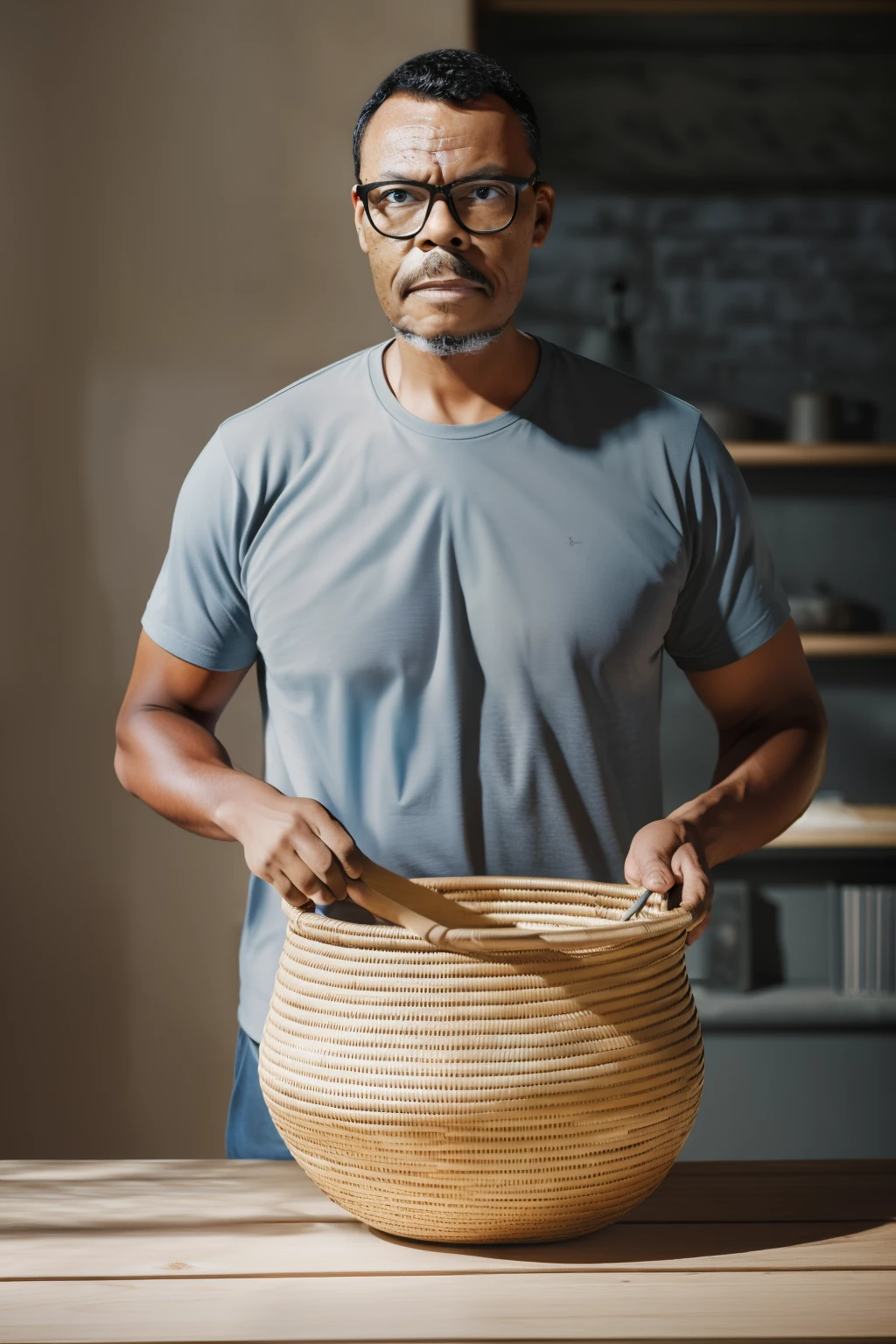 guttonervision8, Studio photograph of a man wearing glasses, positioned inside a meticulously crafted basket made of straw and bamboo, placed on a table. The image embodies hiper-realism, capturing every intricate detail of the basket's texture and the man's features. The chiaroscuro technique creates a dramatic interplay between light and shadow, adding depth to the composition. Rendered in 8K Ultra High Definition, the image showcases a level of hyper-detail that brings the scene to life. The combination of meticulous craftsmanship and chiaroscuro lighting results in a captivating and visually striking studio photograph.