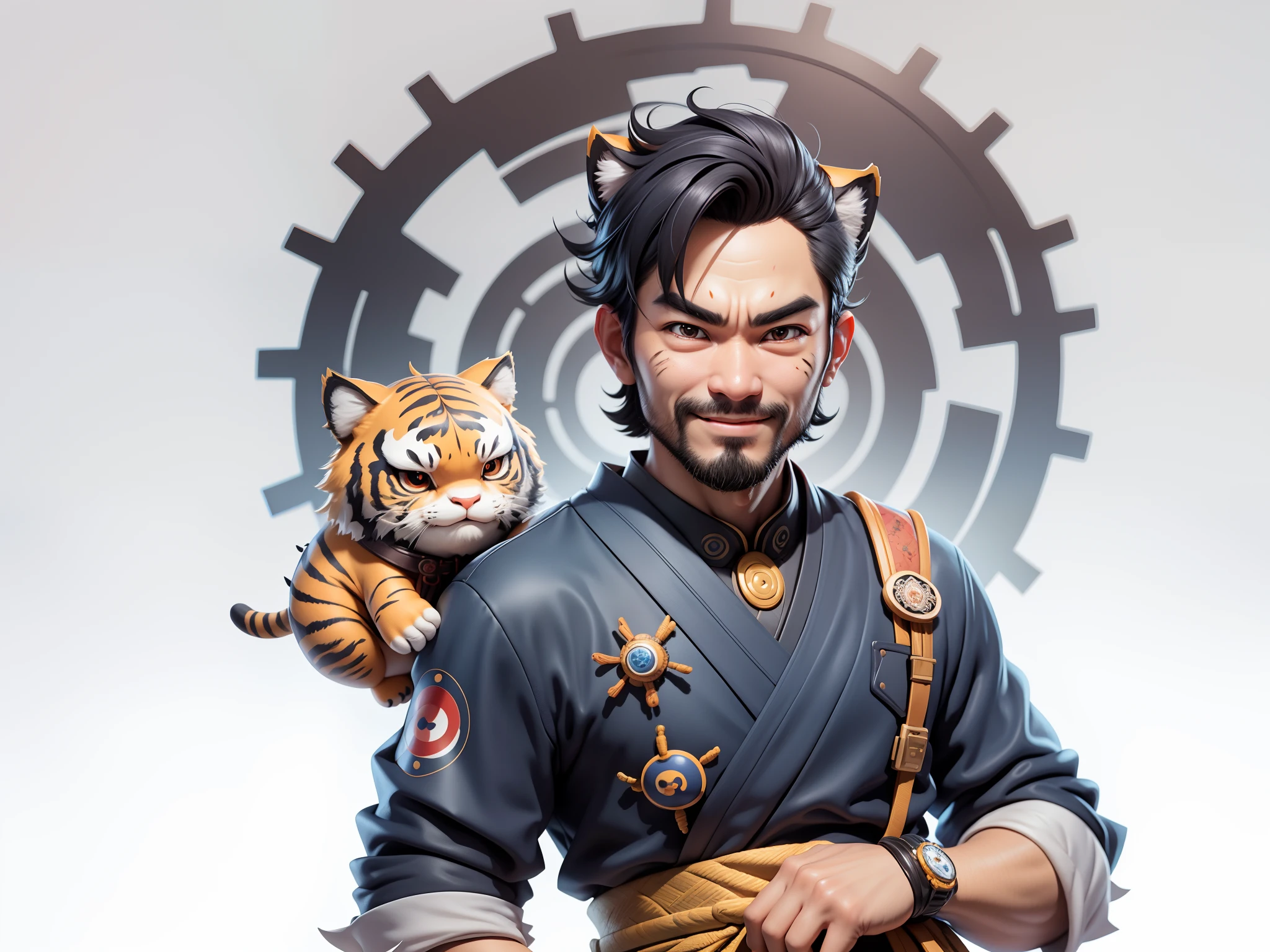 (Daisaku),(Need),(Super meticulous),(full bodyesbian:1.2),Super young man with Japanese geisha,Beautiful,orient,one tiger,Aeolian Thor,Raised sexy,爆乳,Oriental face,TV Anchor,Bust portrait illustration,In black suit,a blue tie,The face is slightly chubby,The face was clean,without a beard,Black super short hair,Black eyes,Smile confidently,3C computer sub-products,iPad, iphone,Digital painting,3D character design by Mark Clairen and Pixar and Hayao Miyazaki and Akira Toriyama,The illustration is a high-definition illustration in 4K resolution,With very detailed facial features and cartoon-style visuals。