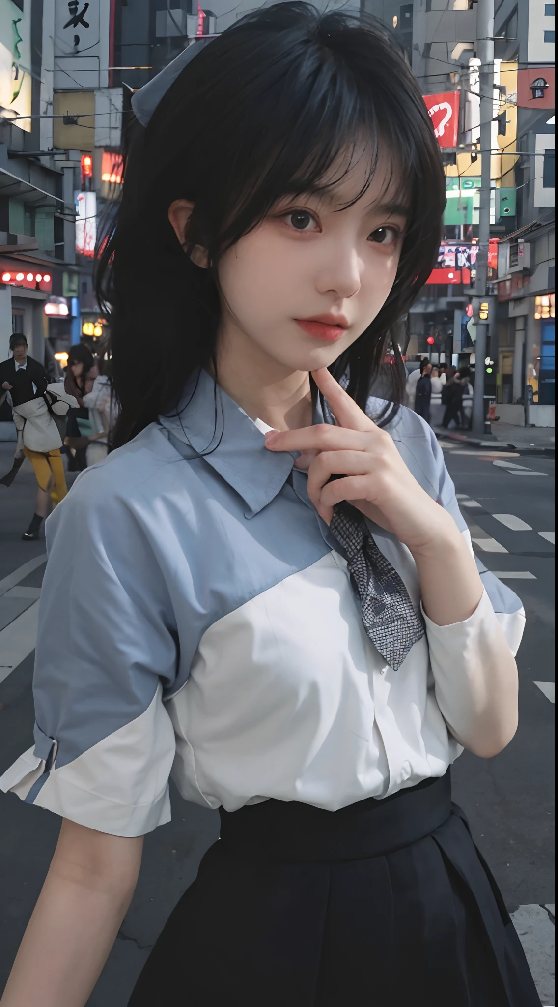 best qualtiy, 超高分辨率, (realisticlying:1.4),(natta),(looking at viewert:1.331),(whaite hair),posing on a,Tokyo Street,nightcityscape,Cyberpunk-city,A pair of big bright eyes,the soft light,1girll,Extremely beautiful face,chest circumference,putdownhands,random hair style,Random expressions,largeeyes,Alvine,(short- sleeved。JK_shirt), JK_Style, (Dark blue jk_Skirt), (Bow jk_tie), mix4., best qualtiy