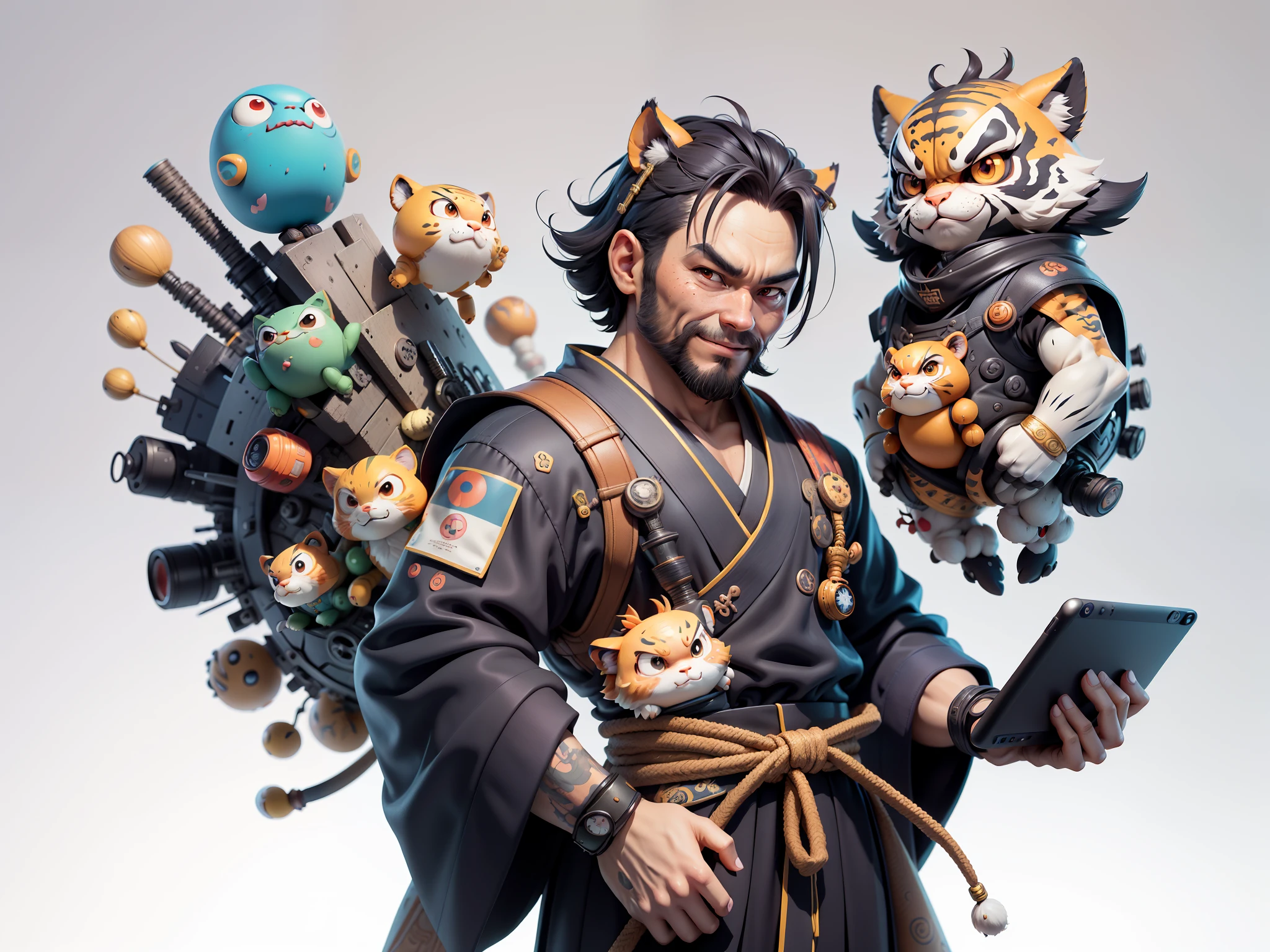 (Daisaku),(Need),(Super meticulous),(full bodyesbian:1.2),Super young man with Japanese geisha，Beautiful，orient，one tiger，Aeolian Thor，Raised sexy，爆乳，Oriental face，TV Anchor，Bust portrait illustration，In black suit，a blue tie，The face is slightly chubby，The face was clean，without a beard，Black super short hair，Black eyes，Smile confidently，3C computer sub-products，iPad， iphone，Digital painting，3D character design by Mark Clairen and Pixar and Hayao Miyazaki and Akira Toriyama，The illustration is a high-definition illustration in 4K resolution，With very detailed facial features and cartoon-style visuals。