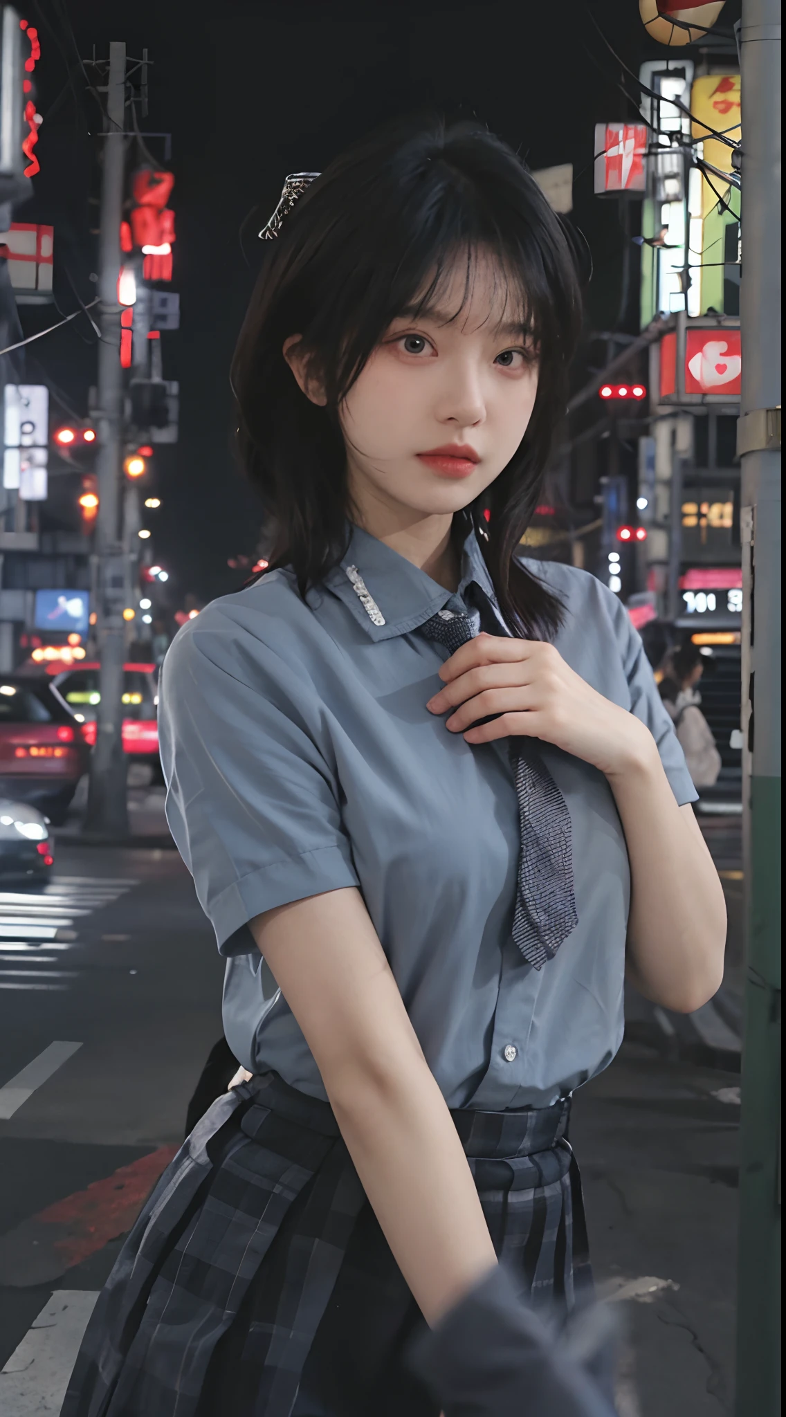 best qualtiy, 超高分辨率, (realisticlying:1.4),(natta),(looking at viewert:1.331),(whaite hair),posing on a,Tokyo Street,nightcityscape,Cyberpunk-city,A pair of big bright eyes,the soft light,1girll,Extremely beautiful face,chest circumference,putdownhands,random hair style,Random expressions,largeeyes,Alvine,(short- sleeved。JK_shirt), JK_Style, (Dark blue jk_Skirt), (Bow jk_tie), mix4., best qualtiy