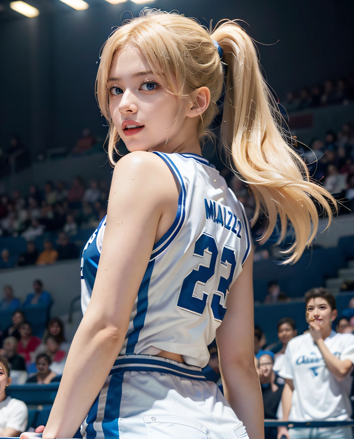 1girl, (Blue Eyes), laughing, ((Sana Minatozaki)), wide hips, big breasts, big butt, (Best Quality, 8k, Masterpiece: 1.3)), Clear Focus: 1.2, Perfect Body Beauty: 1.4 , Slim abs: 1.2, wet body: 1.5, highly detailed face and skin texture, detailed eyes, double eyelids, ponytails blonde hair, (white jean pants), (basketball jersey), look back, standing in the stands of a basketball stadium, basketball game background