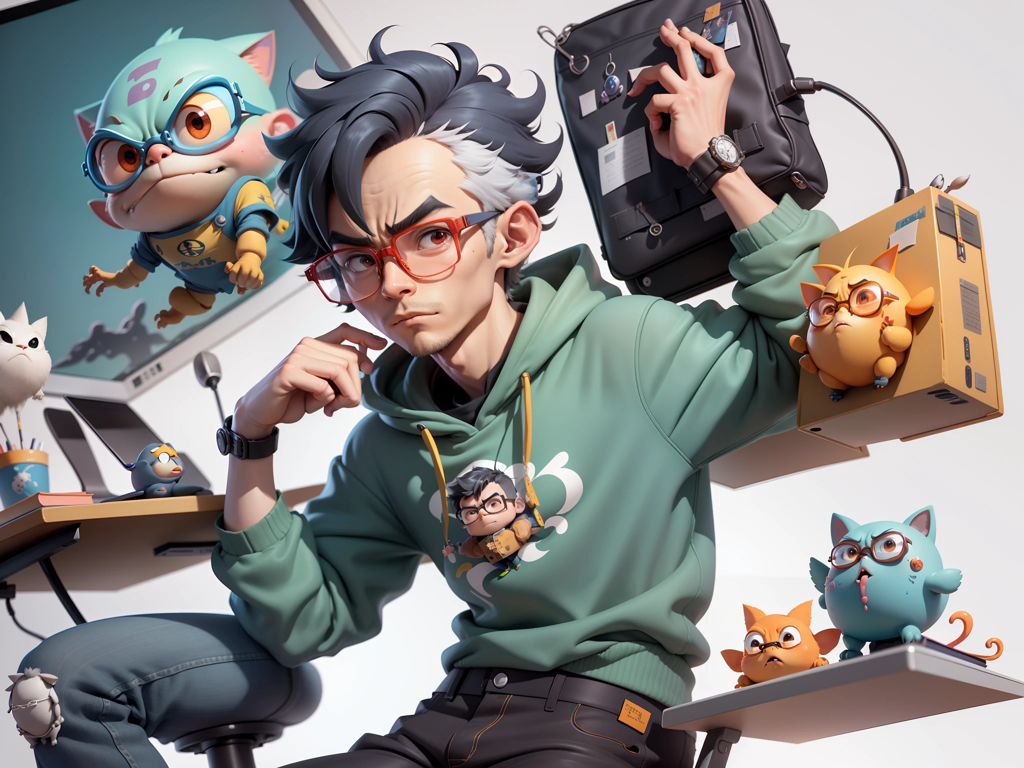 A young man with glasses sits at his desk,holding laptop,digitial painting,3D character design by Mark Clairen and Pixar and Hayao Miyazaki and Akira Toriyama,4K HD illustration,Very detailed facial features and cartoon-style visuals。