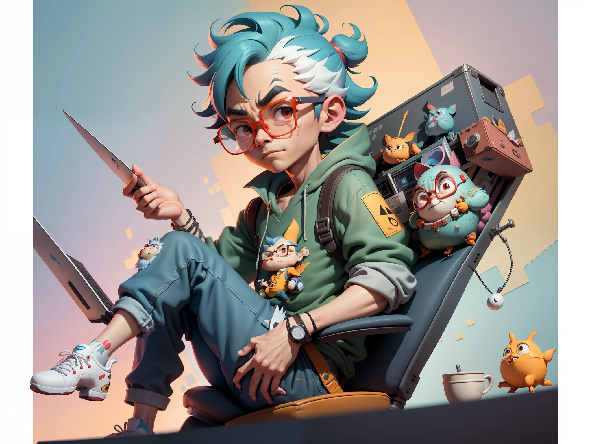 A young man with glasses sits at his desk，holding laptop，digitial painting，3D character design by Mark Clairen and Pixar and Hayao Miyazaki and Akira Toriyama，4K HD illustration，Very detailed facial features and cartoon-style visuals。