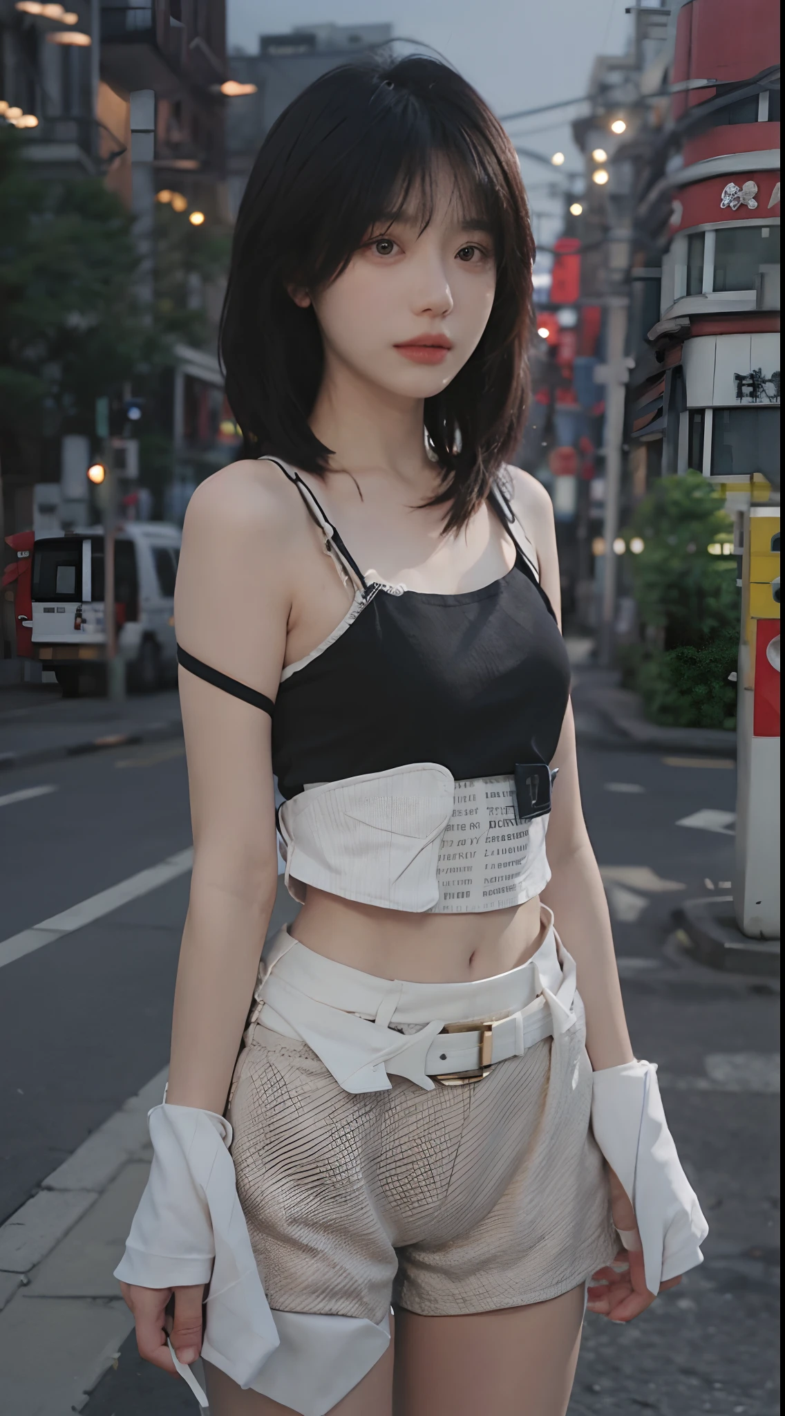 best qualtiy, 超高分辨率, (realisticlying:1.4),2 girls ,Focus:1.2, perfect figure beautiful woman:1.4 , (Streets at night:1.3), Highly detailed facial and skin texture, A detailed eye, 二重まぶた,Red lips,eye shadows,Whiten skin,(Air bangs:1.3),,(Thin strap top:1.4)