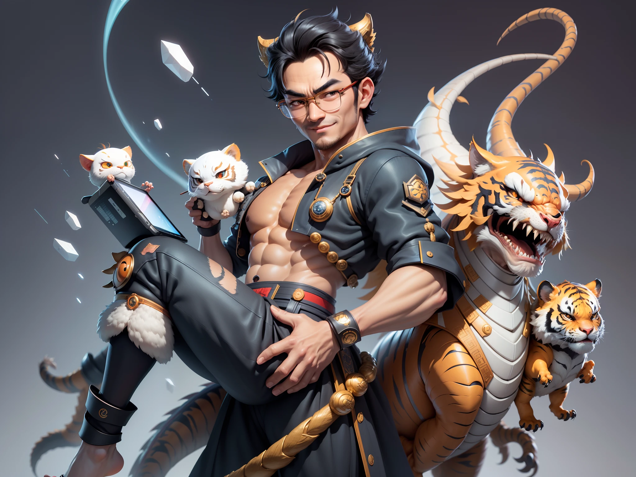 (Masterpiece), (Excellent), (Super Meticulous), (Full Body: 1.2), Super Young Man with Japanese Female Geisha, Pretty, Beautiful, Chinese Dragon, Tiger, Wind God Thor, Sexy, Bursting, Oriental Face, TV Anchor, Bust Portrait Illustration, Black Suit, Blue Tie, Slightly Chubby Face, Silver Glasses, Very Clean Face, No Beard on Chin, Black Super Short Hair, Black Eyes, Confident Smile, 3c Computer Sub-Products, iPad, iPhone, Digital Painting, 3D character design by Mark Clairedon and Pixar and Hayao Miyazaki and Akira Toriyama, the illustrations are HD illustrations in 4K resolution with highly detailed facial features and cartoon-style visuals.