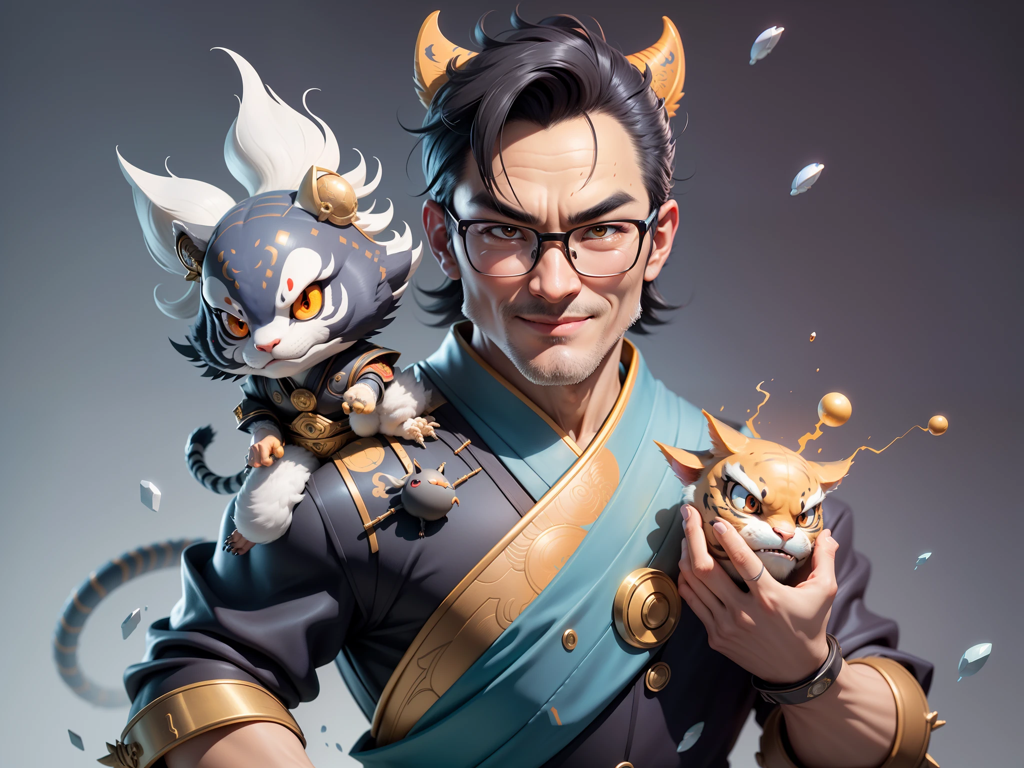 (Masterpiece), (Excellent), (Super Meticulous), (Full Body: 1.2), Super Young Man with Japanese Female Geisha, Pretty, Beautiful, Chinese Dragon, Tiger, Wind God Thor, Sexy, Bursting, Oriental Face, TV Anchor, Bust Portrait Illustration, Black Suit, Blue Tie, Slightly Chubby Face, Silver Glasses, Very Clean Face, No Beard on Chin, Black Super Short Hair, Black Eyes, Confident Smile, 3c Computer Sub-Products, iPad, iPhone, Digital Painting, 3D character design by Mark Clairedon and Pixar and Hayao Miyazaki and Akira Toriyama, the illustrations are HD illustrations in 4K resolution with highly detailed facial features and cartoon-style visuals.