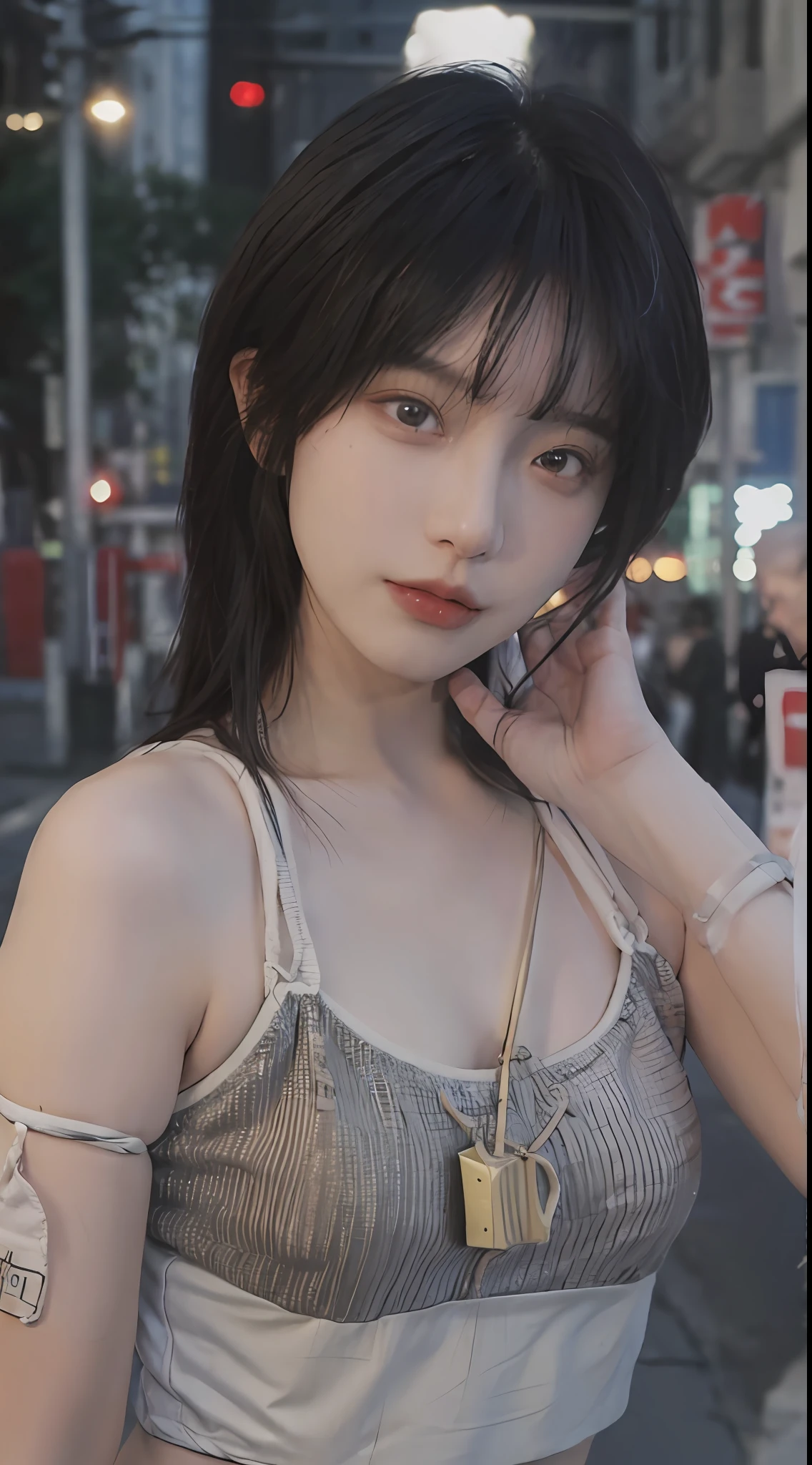 best qualtiy, 超高分辨率, (realisticlying:1.4),2 girls ,Focus:1.2, perfect figure beautiful woman:1.4 , (Streets at night:1.3), Highly detailed facial and skin texture, A detailed eye, 二重まぶた,Red lips,eye shadows,Whiten skin,(Air bangs:1.3),,(Thin strap top:1.4)