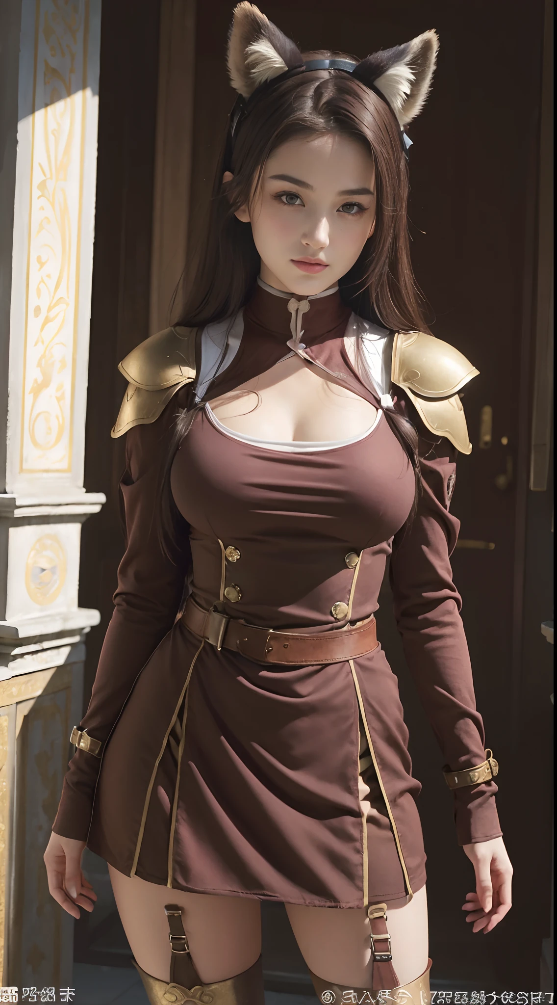 (Masterpiece, Best quality:1.6), (standing:1.5) (breasts focus:1.5), (Dynamic pose:1.5), Sexy smile, 1girll, Solo, (European youth:1.5), Ralph, 1girll, raccoon ears, Raccoon girl, Animal ears, Solo, Long hair, Brown hair, Raccoon tail, Tail, mitts, thigh boots, Boots, Smile, bangs, upper legs, view the viewer, full bodyesbian, brown gauntlets, belt, Long sleeves, standing, dress, ribbon, Closed mouth, brownfootwear, Armor, Short dress, zettai ryouiki, Red ribbon, (Large of breast), view the viewer, Beautiful face, Highly detailed face, highly details eye, Highly detailed iris, Highly detailed skin, skin pore, Subsurface scattering, Realistic pupils, full face blush, full pouty lips, Detailed background, Depth of field, voluminetric lighting, Sharp focus, absurderes, Realistic proportions, Good anatomy, (Realistic, Hyperrealistic:1.4), 16K HD,