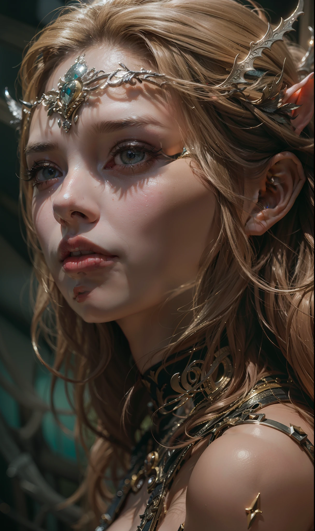 Beautiful painting of Michelle Pfeiffer as perfect female elf warrior, shapeless long hair, perfect features, (wearing extremely baroque elven armor), abstract beauty, near perfection, pure form, dynamic pose, ethereal background, (deep dark shadows), (strong cinematic lighting), (back lighting), concept art by Greg Rutkowski and John William Waterhouse and Alphonse Mucha, stunning details, intricate details, 8k post-production, High resolution, super details, trending on ArtStation, sharp focus, depth of field f/1.8, studio photos, (((looking at camera))).