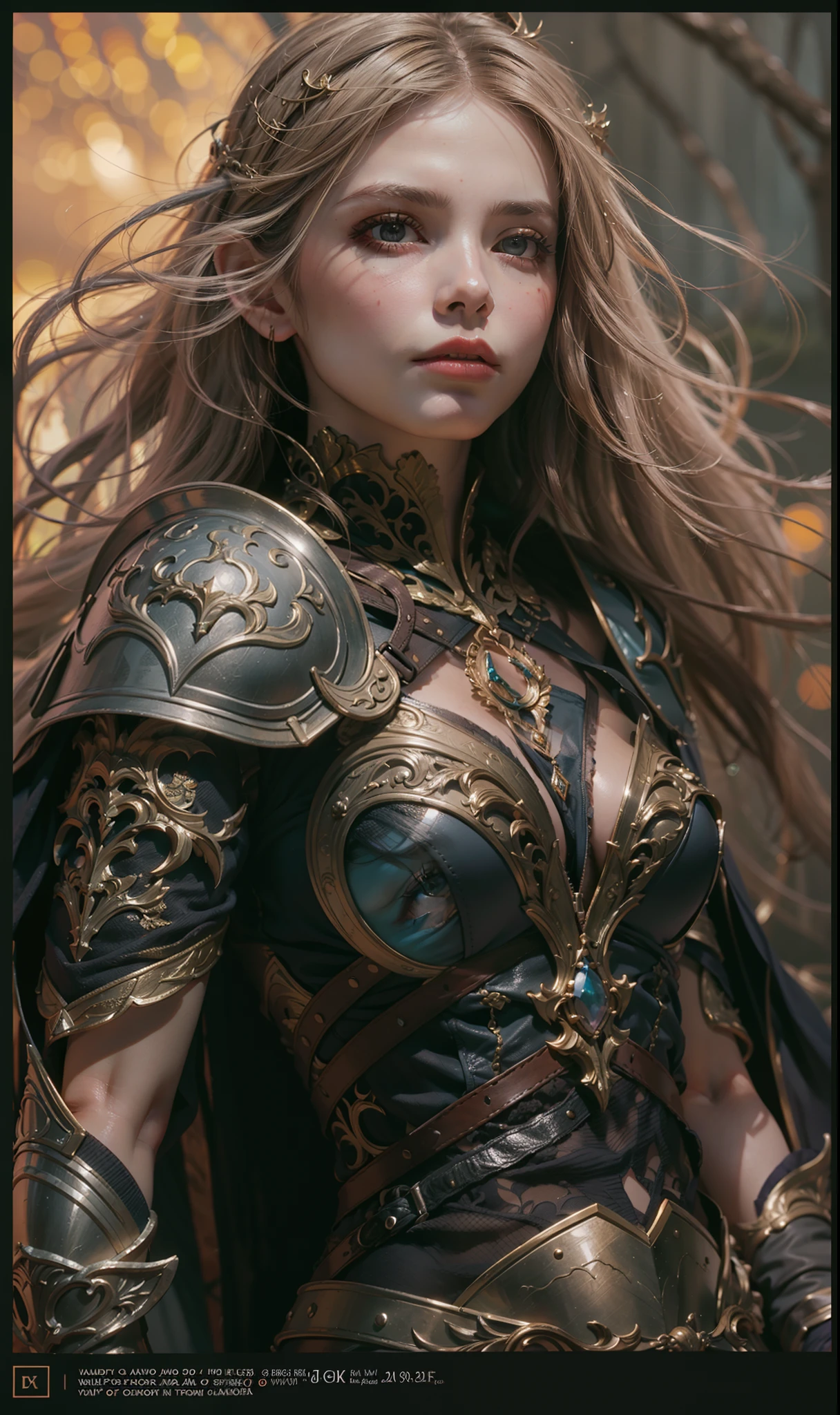 Beautiful painting of Michelle Pfeiffer as perfect female elf warrior, shapeless long hair, perfect features, (wearing extremely baroque elven armor), abstract beauty, near perfection, pure form, dynamic pose, ethereal background, (deep dark shadows), (strong cinematic lighting), (back lighting), concept art by Greg Rutkowski and John William Waterhouse and Alphonse Mucha, stunning details, intricate details, 8k post-production, High resolution, super details, trending on ArtStation, sharp focus, depth of field f/1.8, studio photos, (((looking at camera))).
