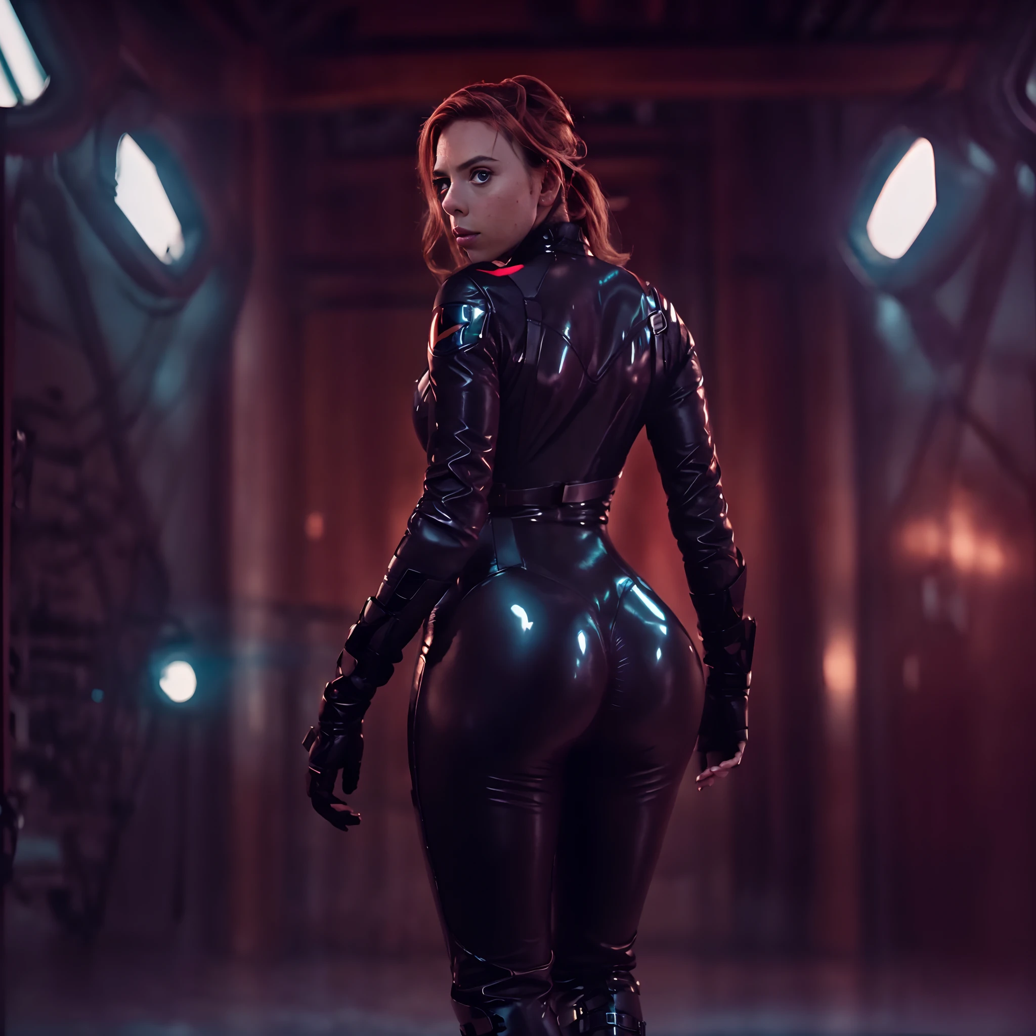 scarlett, High Detail RAW color Photo, Full Body portrait, wearing a black latex body suit, avengers cosplay, Athletic body, Big breasts, Big ass, [sci-fi],raytracing, shallow depth of field,(detailed skin, diffused skin pores),photographed on a Canon EOS R5, 85mm lens, F/2.8, sharp focus, smooth, cinematic film still, from behind, booty, sexy, nice legs, beautiful body, beautiful face