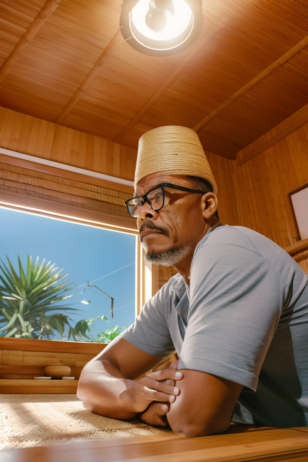 guttonervision8, Studio photograph of a man wearing glasses inside a basket made of straw and bamboo on top of a table, (hiper-realismo :1.3), (fotorrealista, 8k, UHD: 1.3), (hiper detalhado :1.2), fotografia de estudio com tecnica chiaroscuro