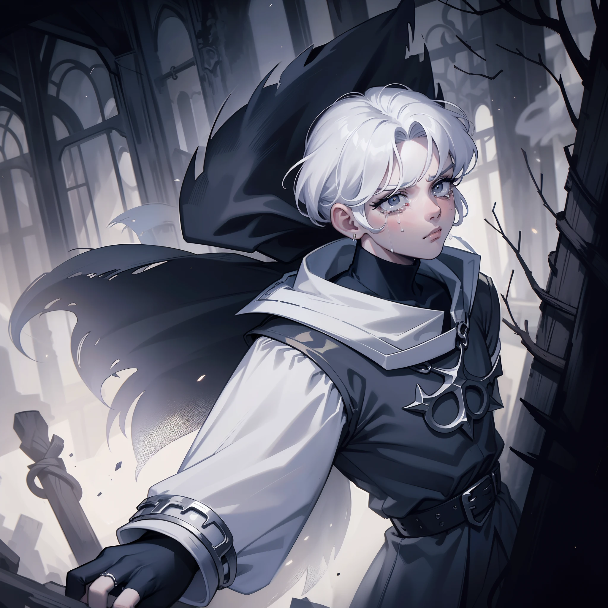 cabelos brancos, pale skinned, Homem, jovem, large eyelashes, vestes escuras, Carrasco, elder ring, Almas Sombrias, sombrio, Ajoelhado, Fallen, gloomy setting, crying, sad, tears, face, [kneeling]