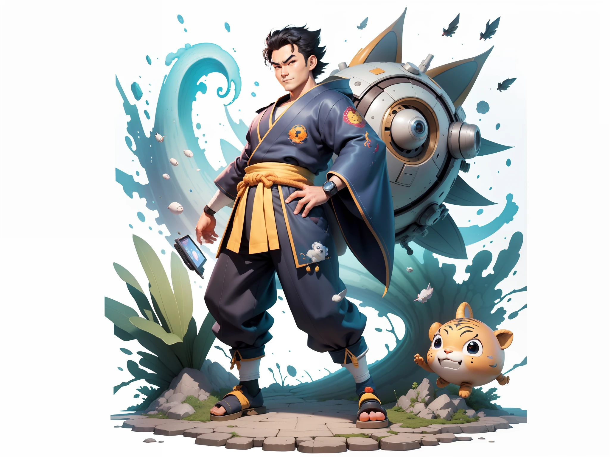 (Masterpiece), (Excellent), (Super Meticulous), (Full Body: 1.2), Super Young Man, Oriental Face, Japanese Kimono, Japanese Wind Thunder God, Dragon, Tiger, TV Anchor, Bust Portrait Illustration, Alone, Black Suit, Blue Tie, Slightly Chubby Face, Very Clean Face, No Beard, Black Super Short Hair, Black Eyes, Confident Smile, 3c Computer Sub-Products, iPad, iPhone, Digital Painting, 3D Character Design by Akira Toriyama and Mark Claireden and Pixar and Hayao Miyazaki, The illustration is a high-definition illustration in 4K resolution with very detailed facial features and cartoon-style visuals.