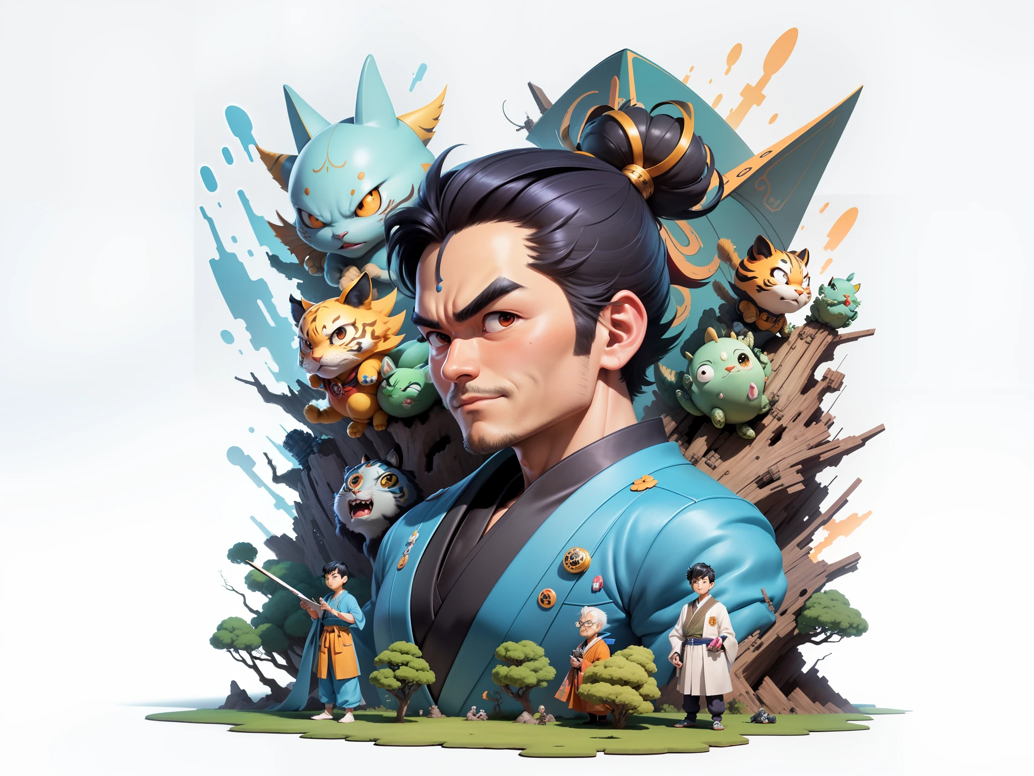 (Masterpiece), (Excellent), (Super Meticulous), (Full Body: 1.2), Super Young Man, Oriental Face, Japanese Kimono, Japanese Wind Thunder God, Dragon, Tiger, TV Anchor, Bust Portrait Illustration, Alone, Black Suit, Blue Tie, Slightly Chubby Face, Very Clean Face, No Beard, Black Super Short Hair, Black Eyes, Confident Smile, 3c Computer Sub-Products, iPad, iPhone, Digital Painting, 3D Character Design by Akira Toriyama and Mark Claireden and Pixar and Hayao Miyazaki, The illustration is a high-definition illustration in 4K resolution with very detailed facial features and cartoon-style visuals.