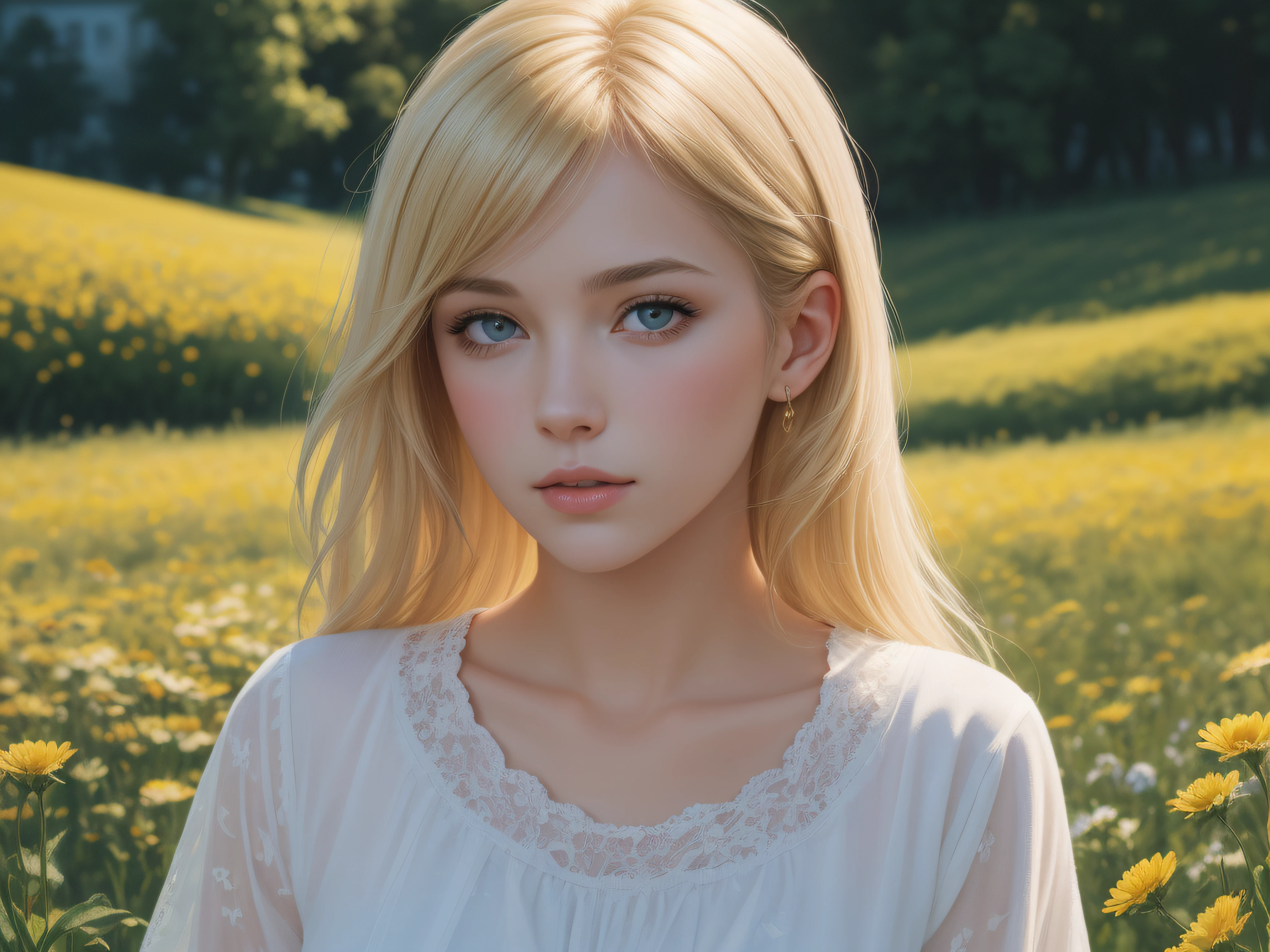 A beautiful blond young woman in a flower Meadow, sunny day, summer, hyper detailed, ultra quality, hd quality, 32k resolution, photo realistic, ultra realistic, best quality, epic, wallpaper, a masterpiece, Thick Brush Strokes, Impasto Gouache, thick layers of gouache watercolors textured on Canvas, Maximalist, impressionist