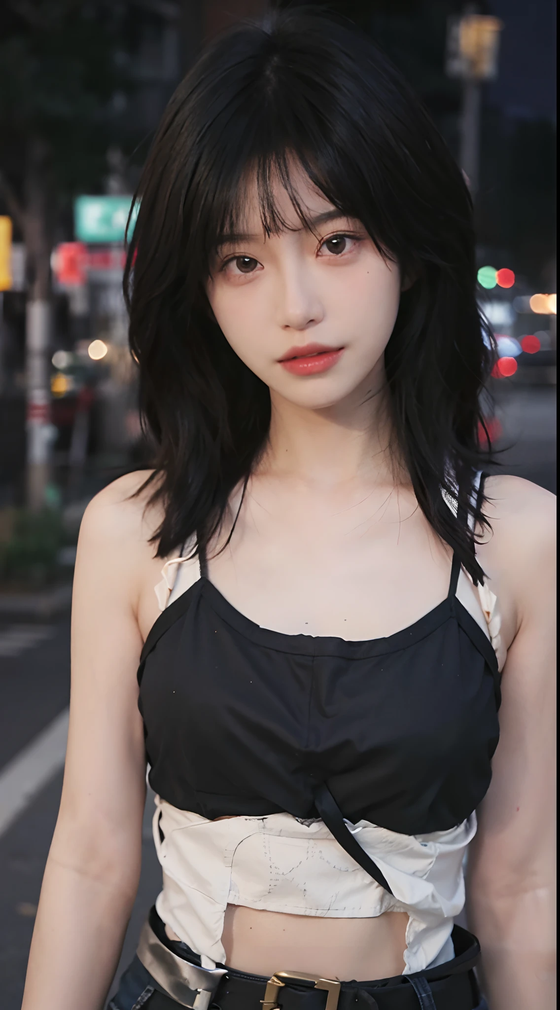 best qualtiy， 超高分辨率， （realisticlying：1.4），2 girls ，Focus:1.2, perfect figure beautiful woman:1.4 , (Streets at night:1.3), Highly detailed facial and skin texture, A detailed eye, 二重まぶた，Red lips，eye shadows，Whiten skin，(Air bangs:1.3),,(Thin strap top:1.4)
