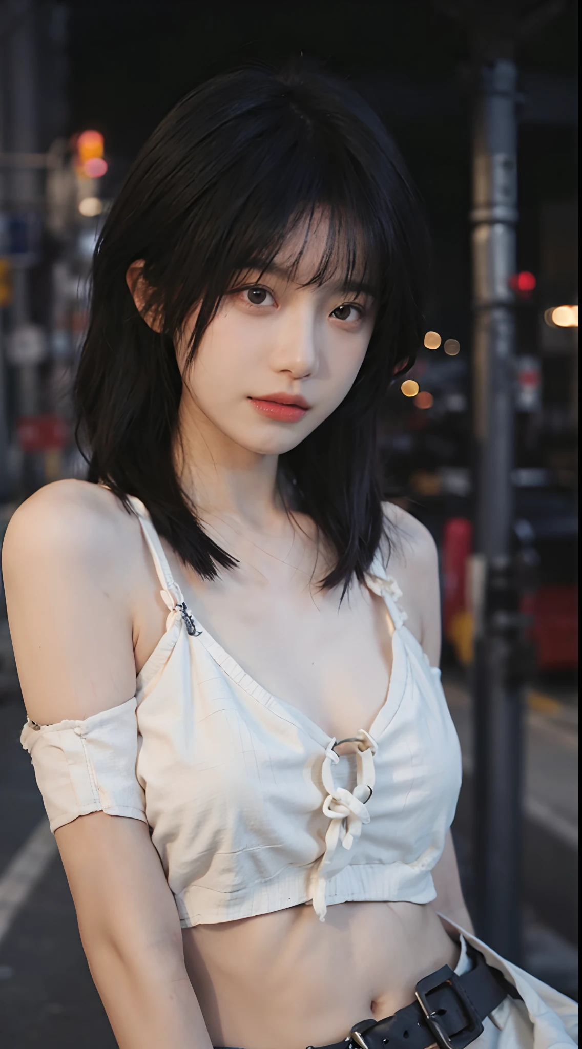 best qualtiy， 超高分辨率， （realisticlying：1.4），2 girls ，Focus:1.2, perfect figure beautiful woman:1.4 , (Streets at night:1.3), Highly detailed facial and skin texture, A detailed eye, 二重まぶた，Red lips，eye shadows，Whiten skin，(Air bangs:1.3),,(Thin strap top:1.4)