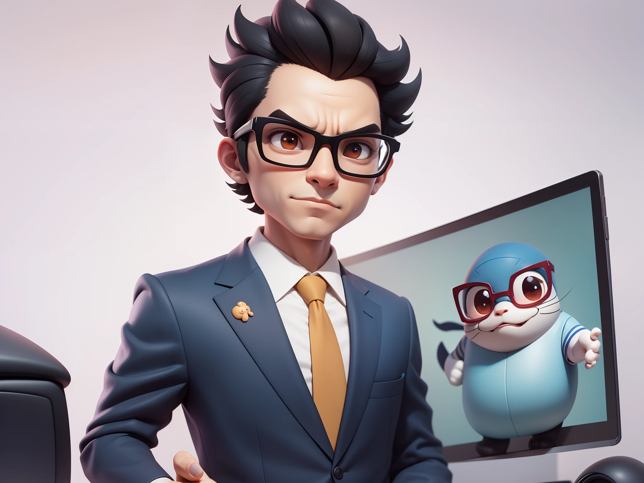 A young man in a suit, Short hair and glasses sat at his desk，holding laptop，digitial painting，tigre，3D character design by Mark Clairen and Pixar and Hayao Miyazaki and Akira Toriyama，4K HD illustration，Very detailed facial features and cartoon-style visuals。