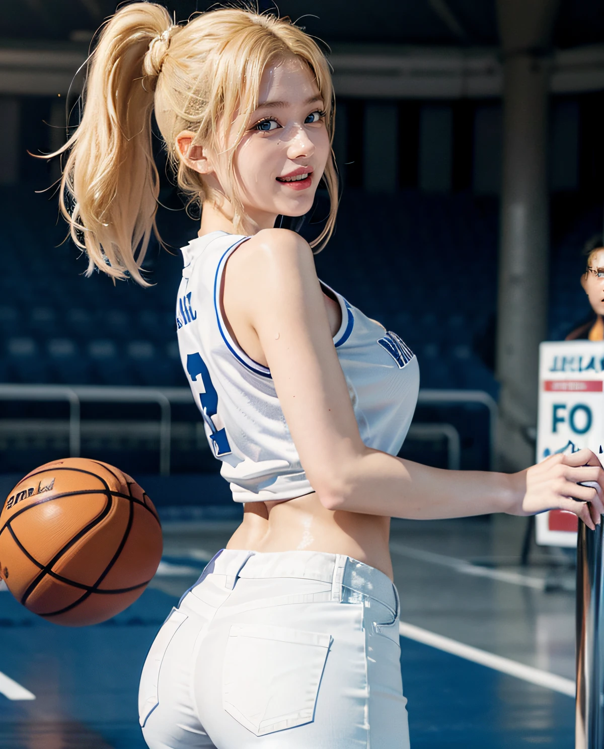1girl, (Blue Eyes), laughing, ((Sana Minatozaki)), wide hips, big breasts, big butt, (Best Quality, 8k, Masterpiece: 1.3)), Clear Focus: 1.2, Perfect Body Beauty: 1.4 , Slim abs: 1.2, wet body: 1.5, highly detailed face and skin texture, detailed eyes, double eyelids, ponytails blonde hair, (white jean pants), (basketball jersey), look back, standing in the stands of a basketball stadium, basketball game background