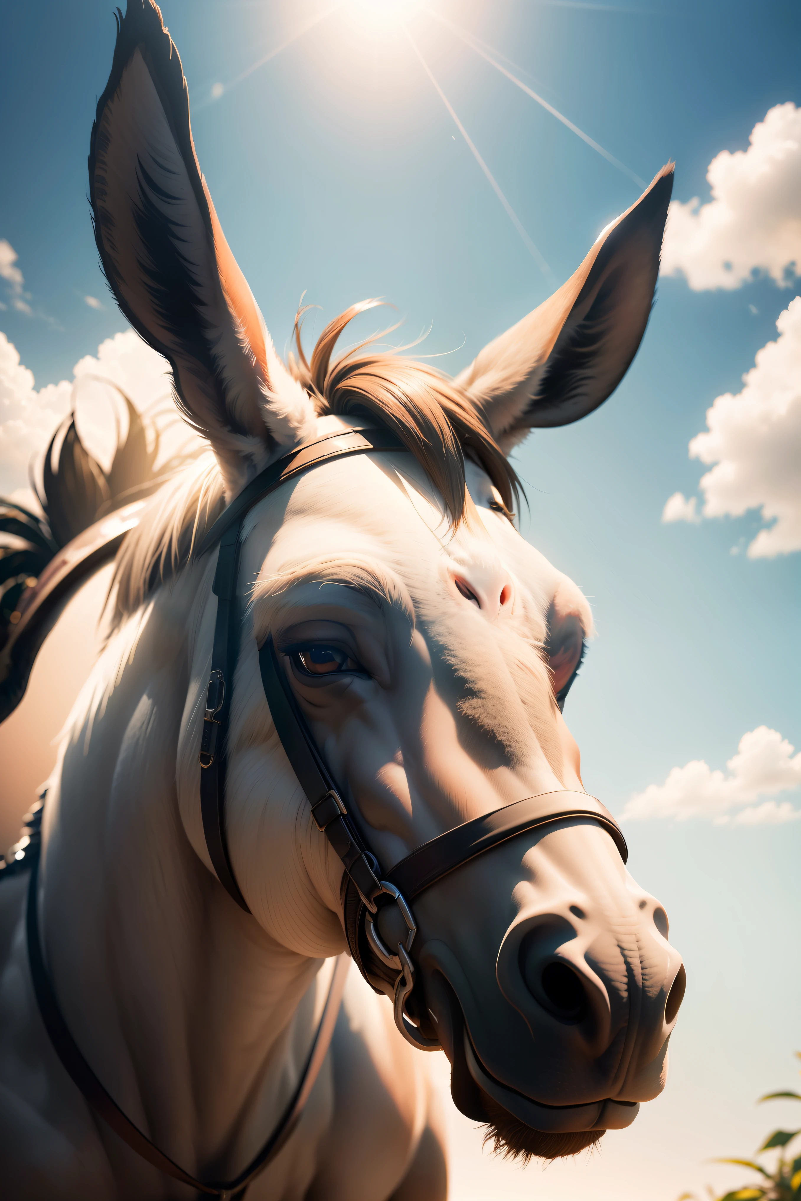 Donkey looking up at the sky with extremely specific gaze and reflecting a bright light, (obra-prima) (8k high resolution) (melhor qualidade) (Ultra Definition) (Ultra realista)(Foto RAW) (Foto realista) (bright illumination)