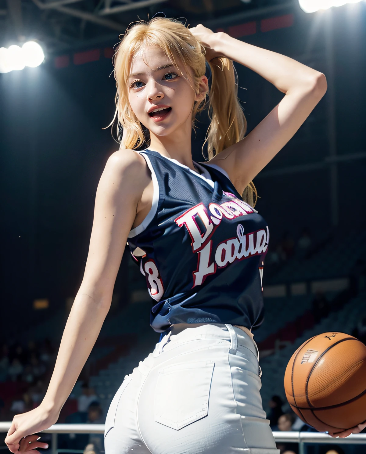 1girl, (Blue Eyes), laughing, ((Sana Minatozaki)), wide hips, big breasts, big butt, (Best Quality, 8k, Masterpiece: 1.3)), Clear Focus: 1.2, Perfect Body Beauty: 1.4 , Slim abs: 1.2, wet body: 1.5, highly detailed face and skin texture, detailed eyes, double eyelids, ponytails blonde hair, (white jean pants), (basketball jersey), look back, standing in the stands of a basketball stadium, basketball game background