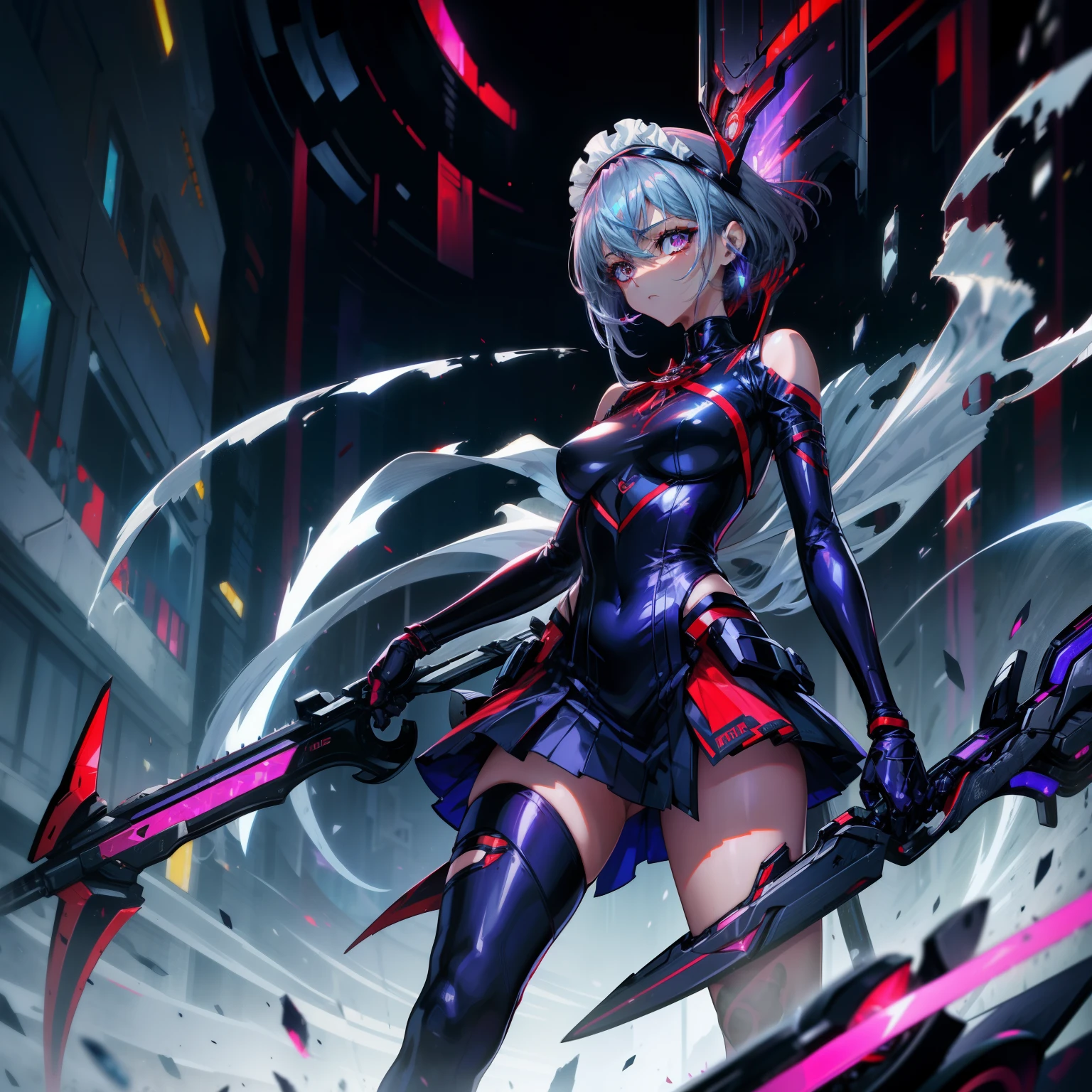 Beautiful girl in futuristic cyber bodysuit style maid outfit。Image color is blue-violet。highleg。Eyes glow red。Red mechanical headband。falda corta。Blades lined like a chainsaw at the hem of the skirt。Falx in both hands。Blue-violet and silver hair。short-hair。A red fin-shaped ribbon is worn at the waist。Red crystals on the forehead。Metal accessories with aggressive design。