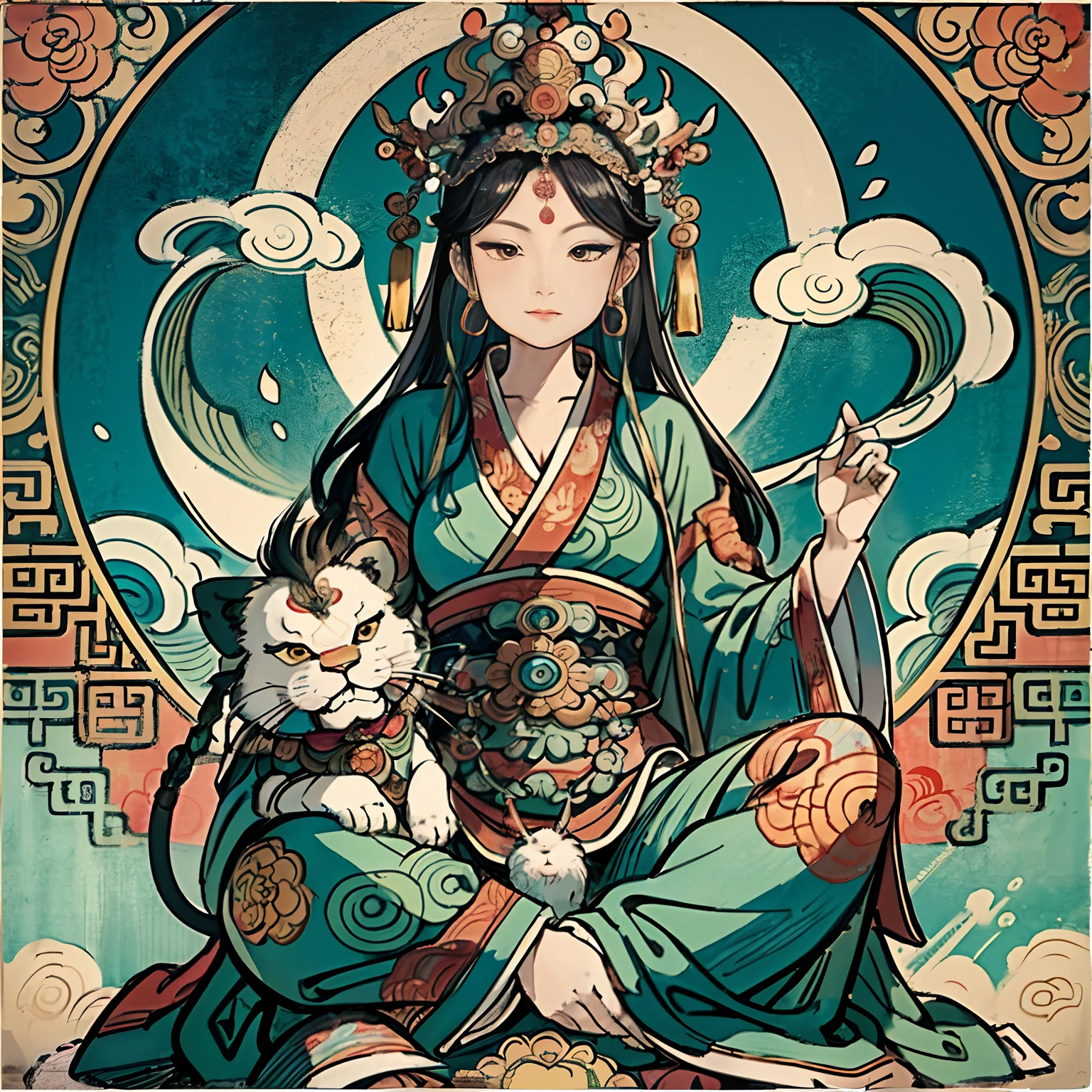 an ancient Chinese goddess, guanyin of the southern seas, Guanyin, Inspired by India, Avalokiteshvara rides a lion，,Serene expression,shui mo hua,Buddha,Buddhist,Lotus,Chinese painting style,Thangka style