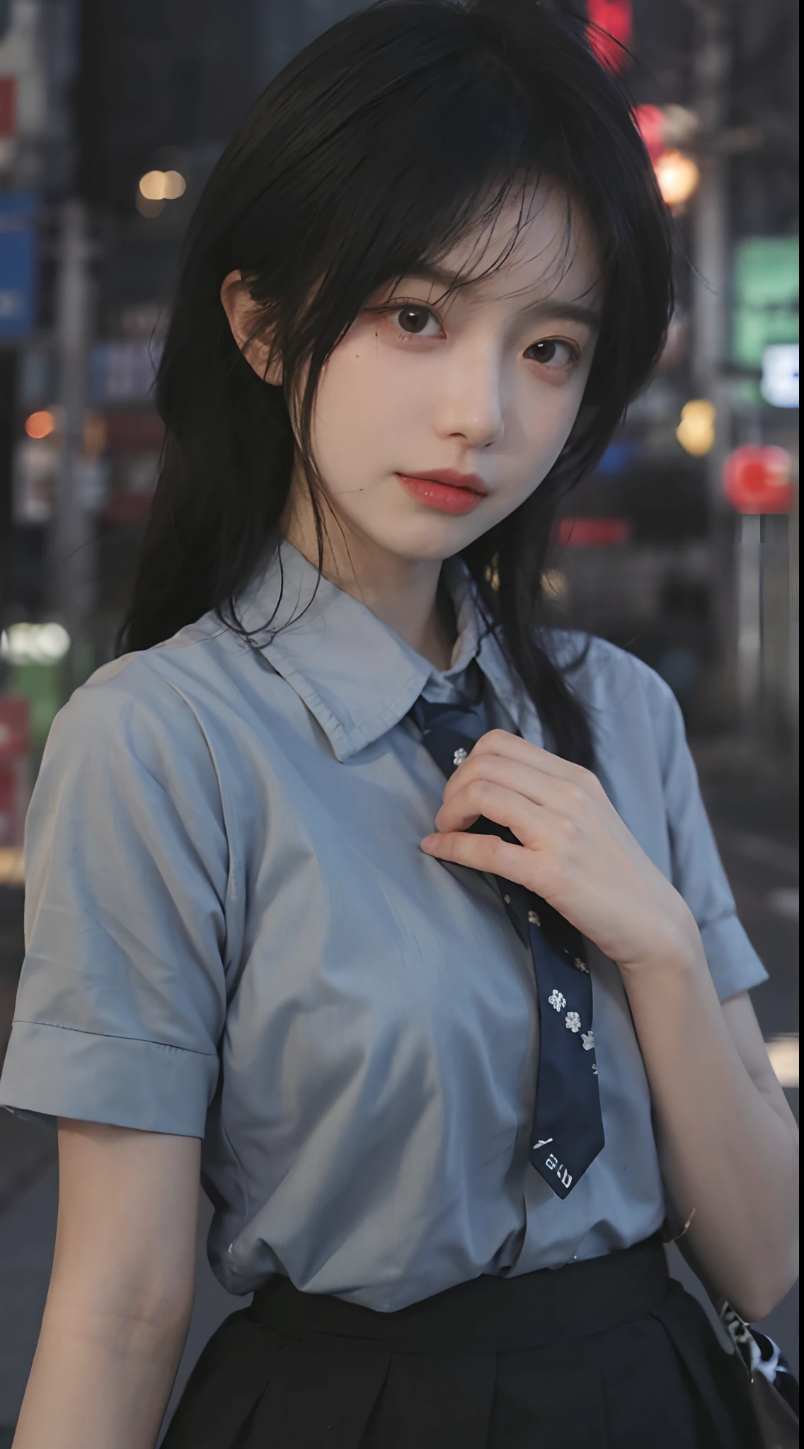 best qualtiy， 超高分辨率， （realisticlying：1.4），（natta），（looking at viewert：1.331），（whaite hair），posing on a，Tokyo Street，nightcityscape，Cyberpunk-city，A pair of big bright eyes，the soft light，1girll，Extremely beautiful face，chest circumference，putdownhands，random hair style，Random expressions，largeeyes，Alvine，（short- sleeved。JK_shirt）， JK_Style， （Dark blue jk_Skirt）， （Bow jk_tie）， mix4.， best qualtiy