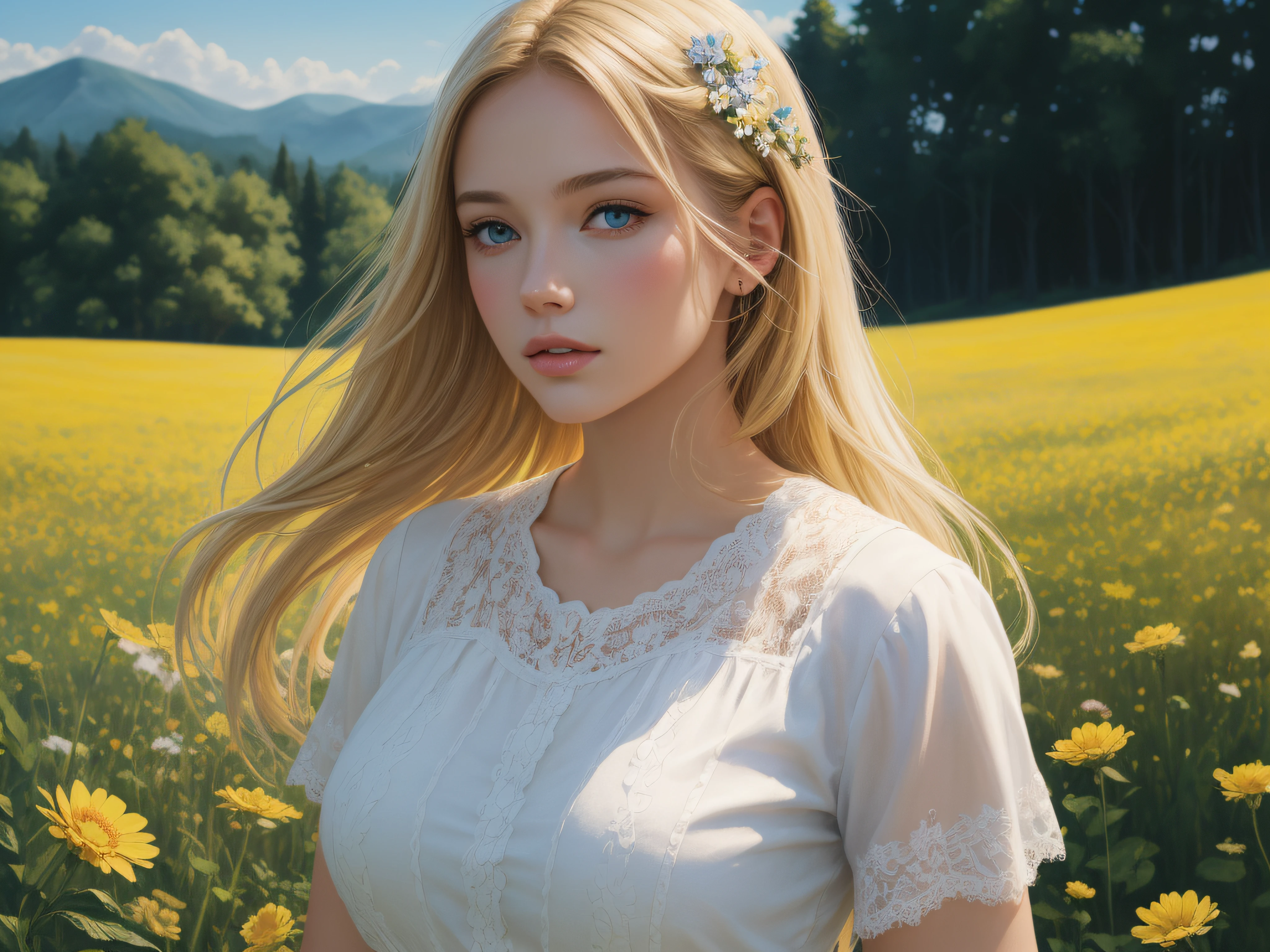 A beautiful blond young woman in a flower Meadow, sunny day, summer, hyper detailed, ultra quality, hd quality, 32k resolution, photo realistic, ultra realistic, best quality, epic, wallpaper, a masterpiece, Thick Brush Strokes, Impasto Gouache, thick layers of gouache watercolors textured on Canvas, Maximalist, impressionist
