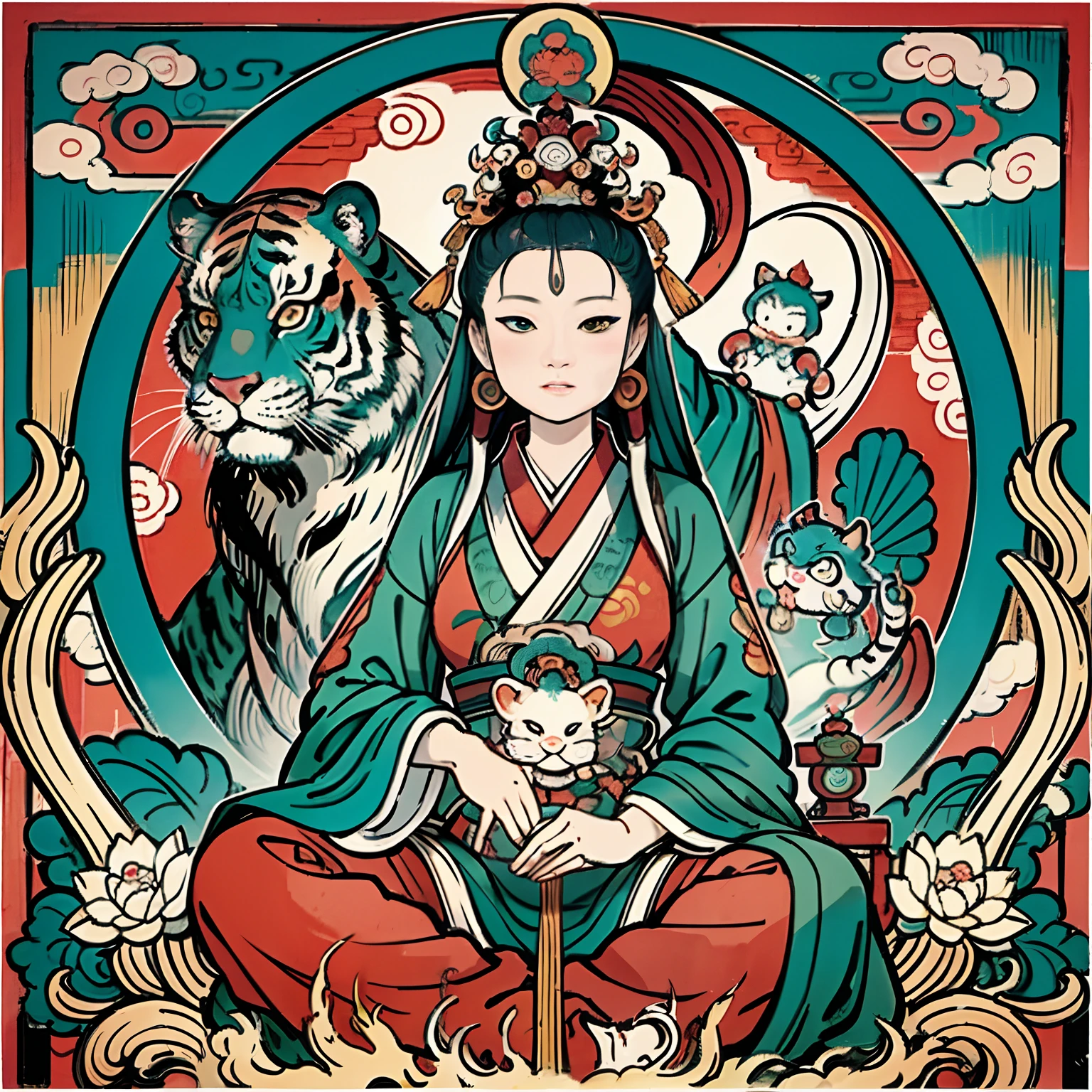an ancient Chinese goddess, guanyin of the southern seas, Guanyin, Inspired by India, Avalokiteshvara rides a tiger,,Serene expression,shui mo hua,Buddha,Buddhist,Lotus,Chinese painting style,Thangka style