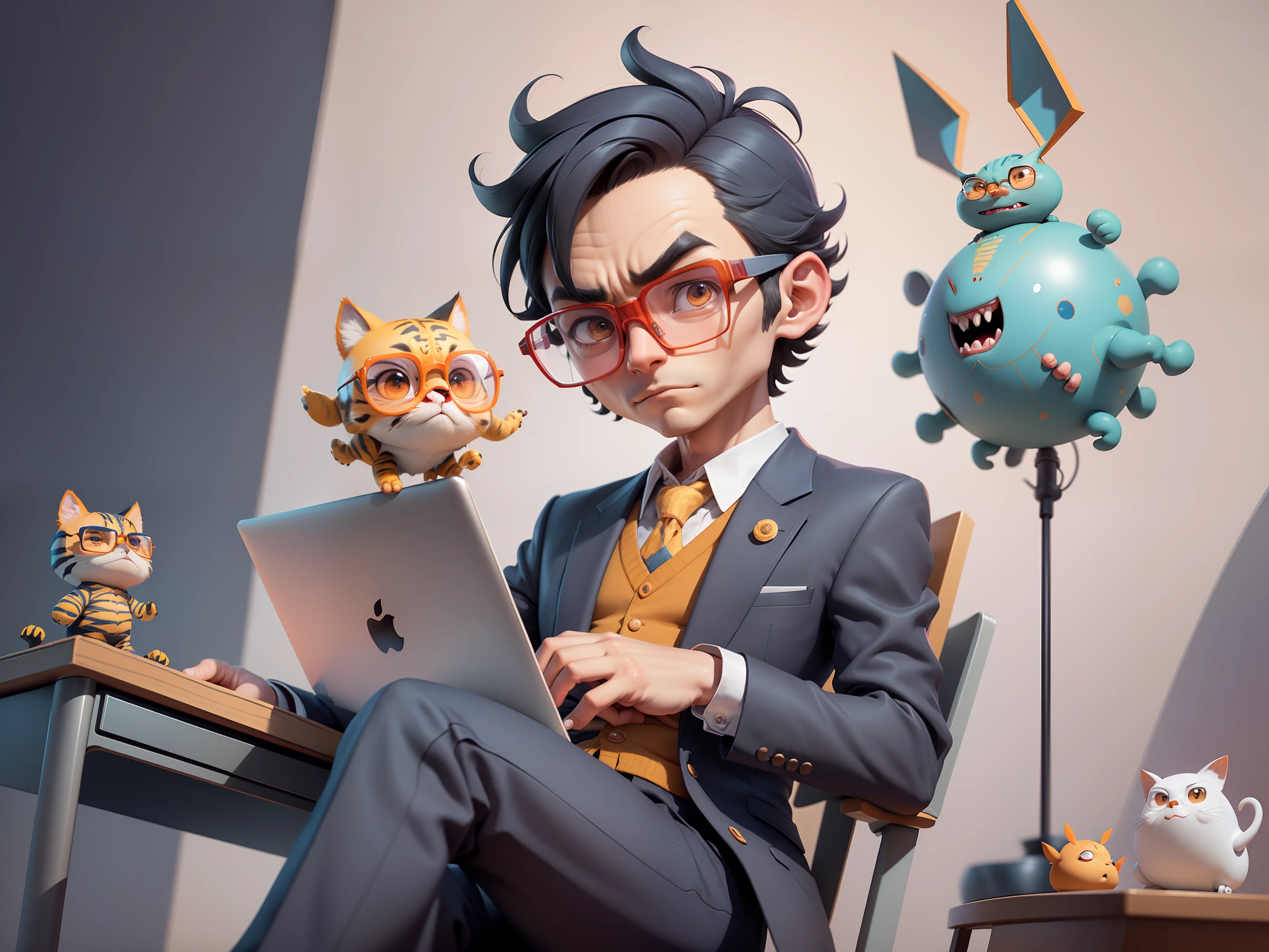 A young man in a suit, Short hair and glasses sat at his desk，holding laptop，digitial painting，tigre，3D character design by Mark Clairen and Pixar and Hayao Miyazaki and Akira Toriyama，4K HD illustration，Very detailed facial features and cartoon-style visuals。