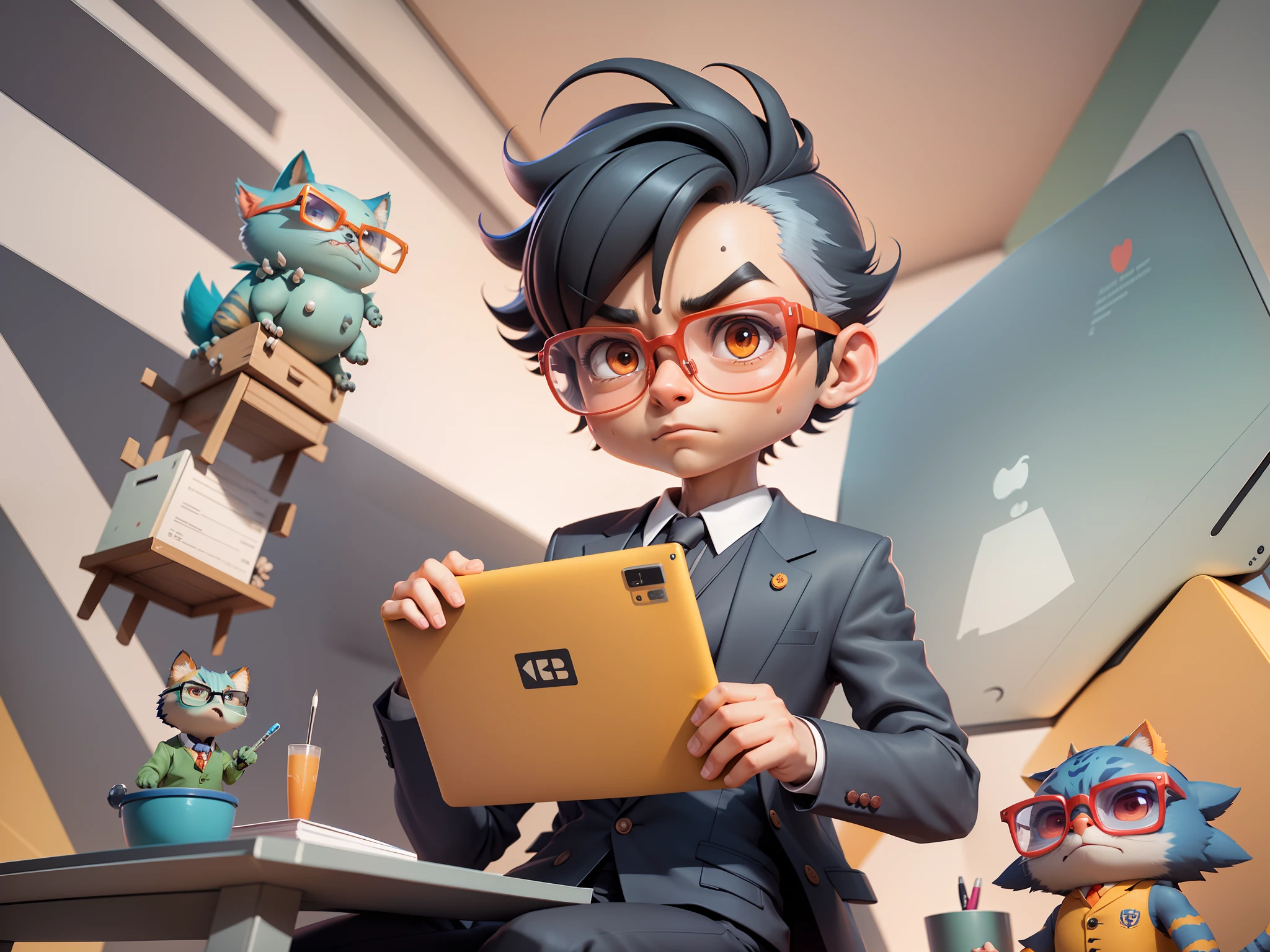 A young man in a suit, Short hair and glasses sat at his desk,holding laptop,digitial painting,tigre,3D character design by Mark Clairen and Pixar and Hayao Miyazaki and Akira Toriyama,4K HD illustration,Very detailed facial features and cartoon-style visuals。