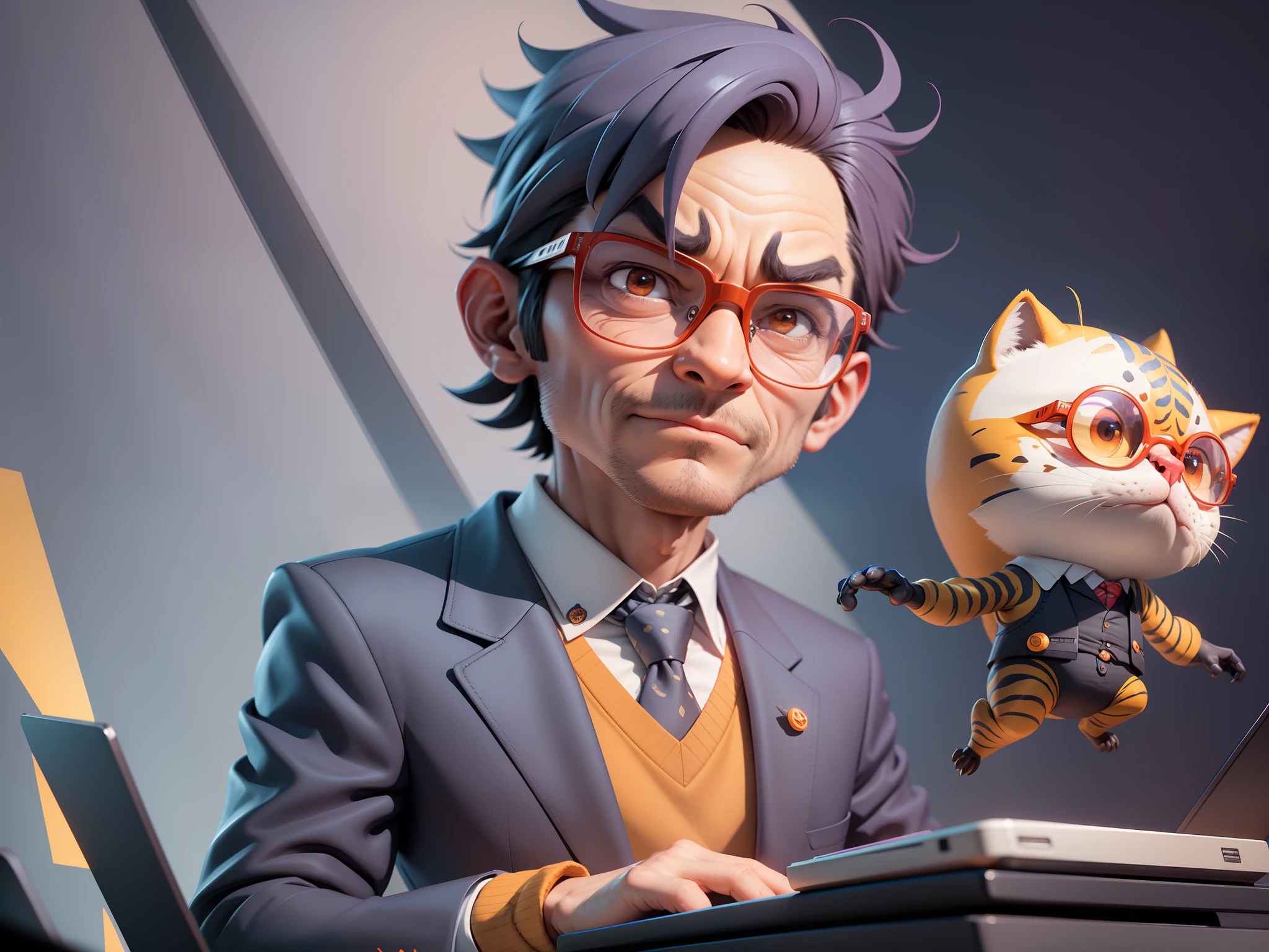 A young man in a suit, Short hair and glasses sat at his desk,holding laptop,digitial painting,tigre,3D character design by Mark Clairen and Pixar and Hayao Miyazaki and Akira Toriyama,4K HD illustration,Very detailed facial features and cartoon-style visuals。