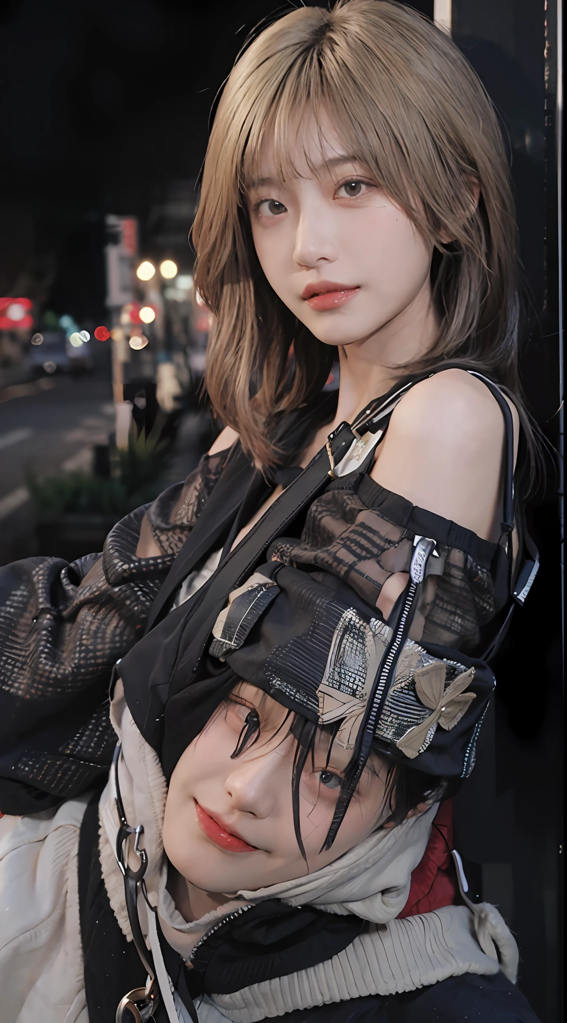 best qualtiy, 超高分辨率, (realisticlying:1.4),2 girls ,Focus:1.2, perfect figure beautiful woman:1.4 , (Streets at night:1.3), Highly detailed facial and skin texture, A detailed eye, 二重まぶた,Red lips,eye shadows,Whiten skin,(Air bangs:1.3),,(Thin strap top:1.4)