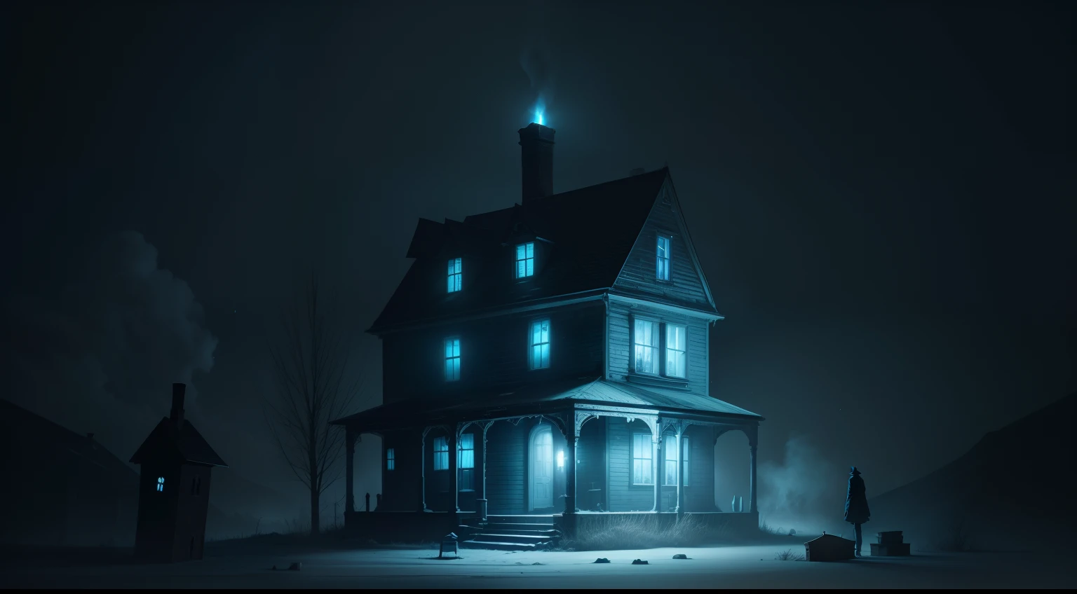 An old candle-like and haunted house with the lights on and a person standing in the nearby bluish image
