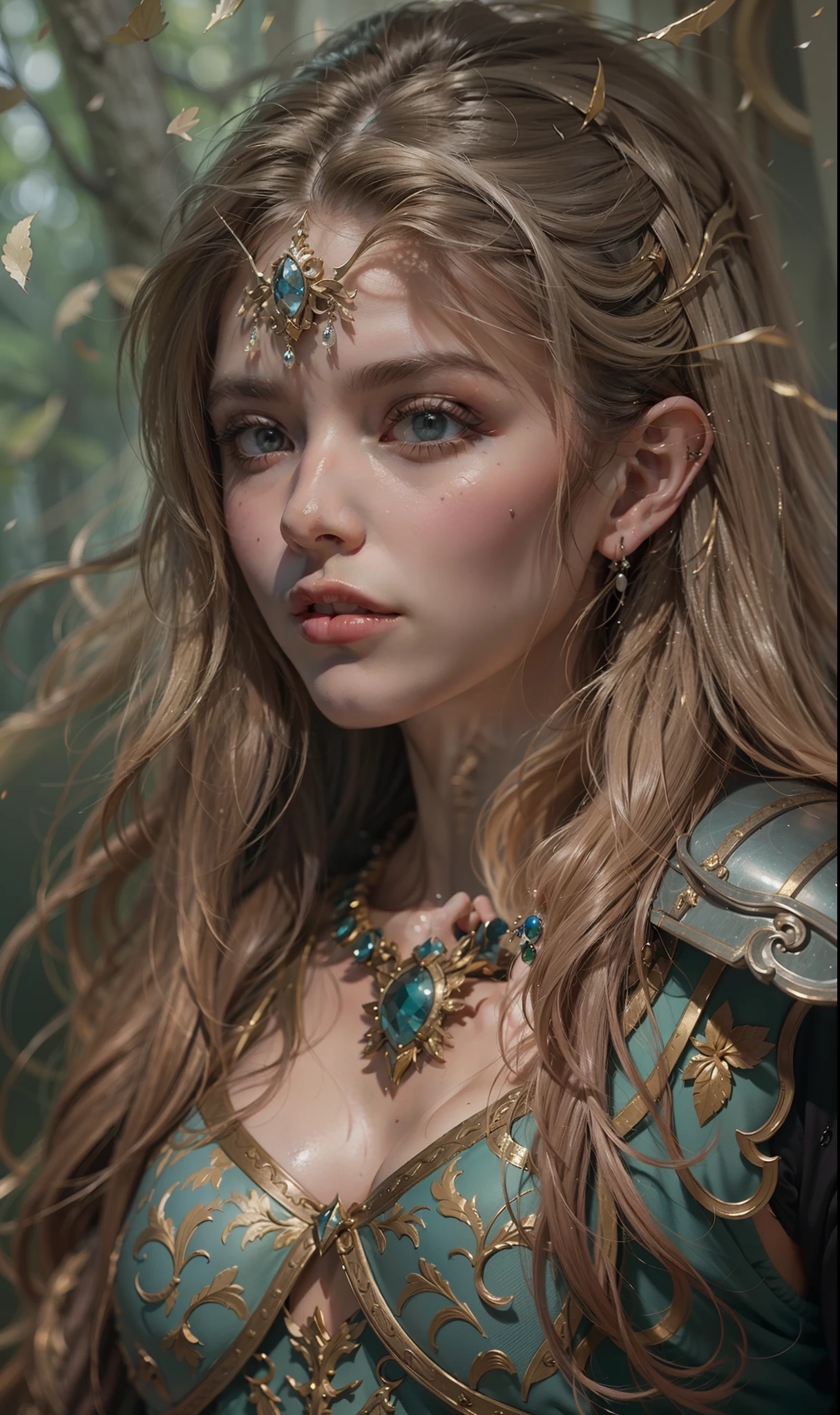 Beautiful painting of Michelle Pfeiffer as perfect female elf warrior, shapeless long hair, perfect features, (wearing extremely baroque elven armor), abstract beauty, near perfection, pure form, dynamic pose, ethereal background, (deep dark shadows), (strong cinematic lighting), (back lighting), concept art by Greg Rutkowski and John William Waterhouse and Alphonse Mucha, stunning details, intricate details, 8k post-production, High resolution, super details, trending on ArtStation, sharp focus, depth of field f/1.8, studio photos, (((looking at camera))).