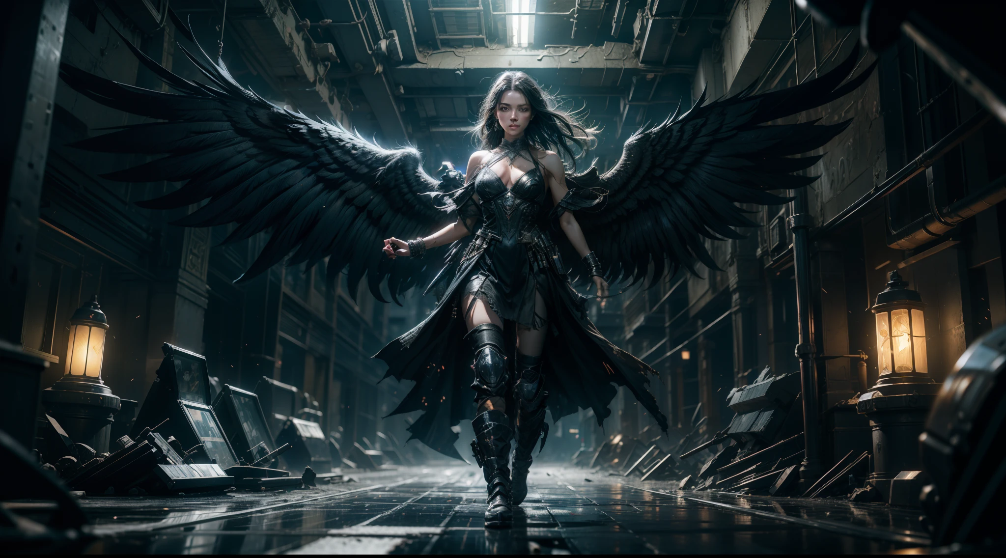 ((best qualtiy)), ((tmasterpiece)), ((Realistis)), (A detailed), (realisticlying:1.5),illusory engine, (High detail: 1.9),(femele:1.4),(big breasts beautiful: 1.4),(carismatic:1.3), (Large breasts), Female angel,Black feathered wings,beuaty girl,beauitful face, looking at viewert, dynamicposes, postapocalyptic, Destroyed city background, scientific fiction, hdr, Ray traching, NVIDIA RTX, Hyper-Resolution, Unreal 5, sub surface scattering, PBR textures, Post-processing, Anisotropic filtering, depth of fields, Maximum clarity and sharpness, trichotomy,8K original,(Luminous Particle:1.4),(VerydetailedCG,Unity 8k壁纸,cinmatic lighting,lens flare glow),Reflectors,Sharp focus,black toga,Raised sexy