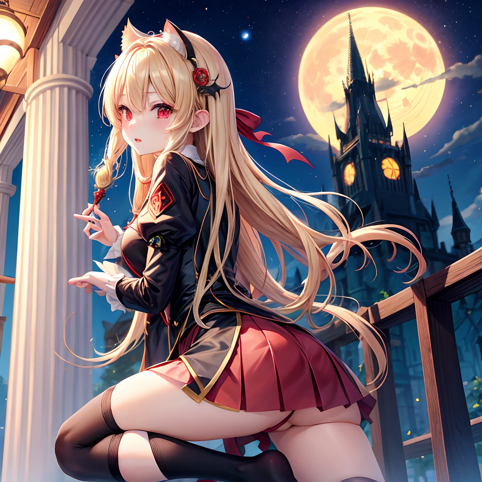 a blond、red eyes、One cute vampire girl、独奏、animesque、doress、a miniskirt、a moon、蝙蝠の羽