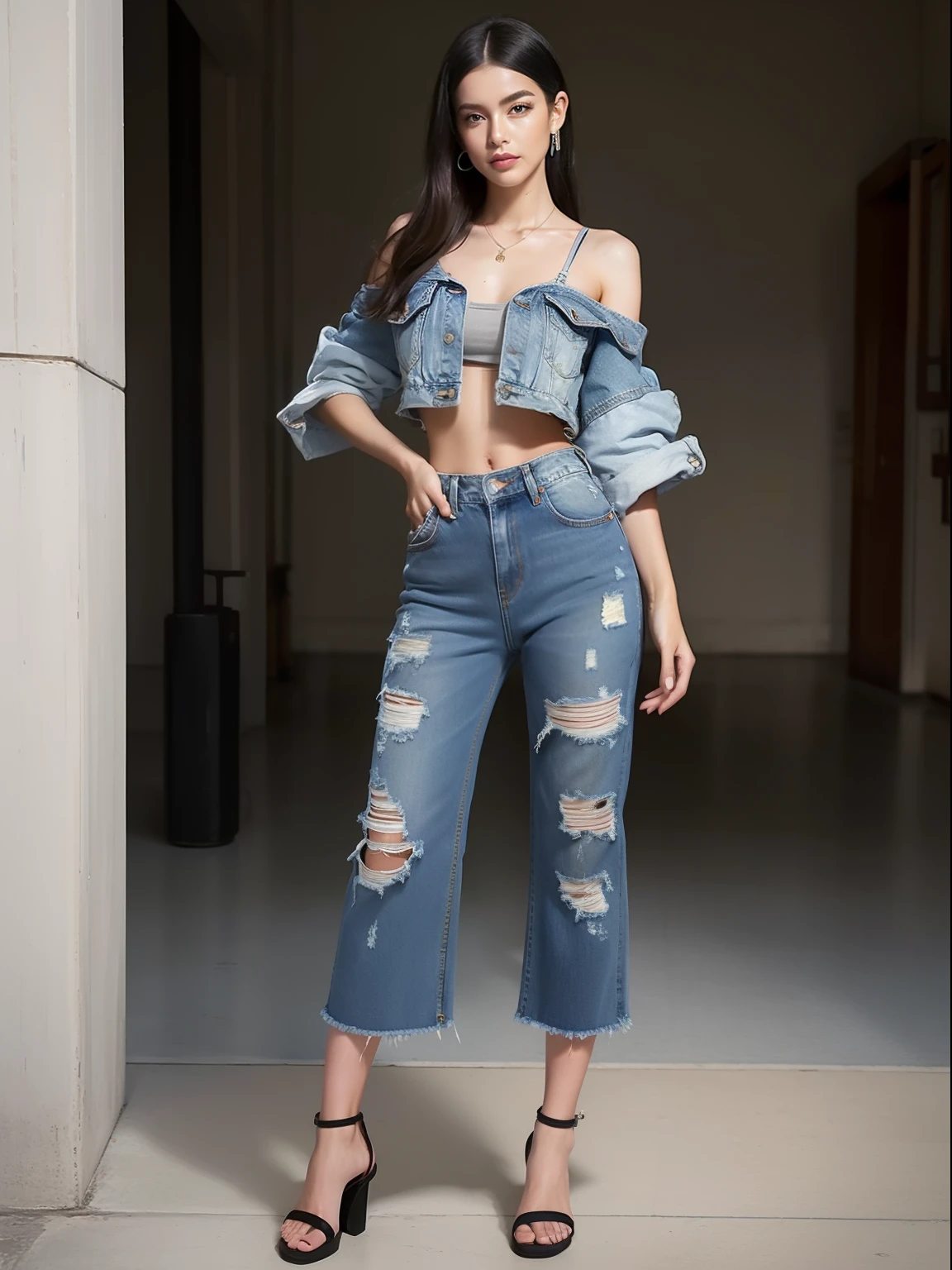American Realist Oil Painting, Fitted denim jacket layered over cropped off-shoulder crop top emphasizes toned arms and collarbones. Wide leg pant cuffs add edge to classic straight leg jeans worn underneath. Pointed toe strappy sandals complete the ensemble. She stands confidently facing forward with hands resting on hip bones, legs apart, and lips slightly pursed in invitation. 24k