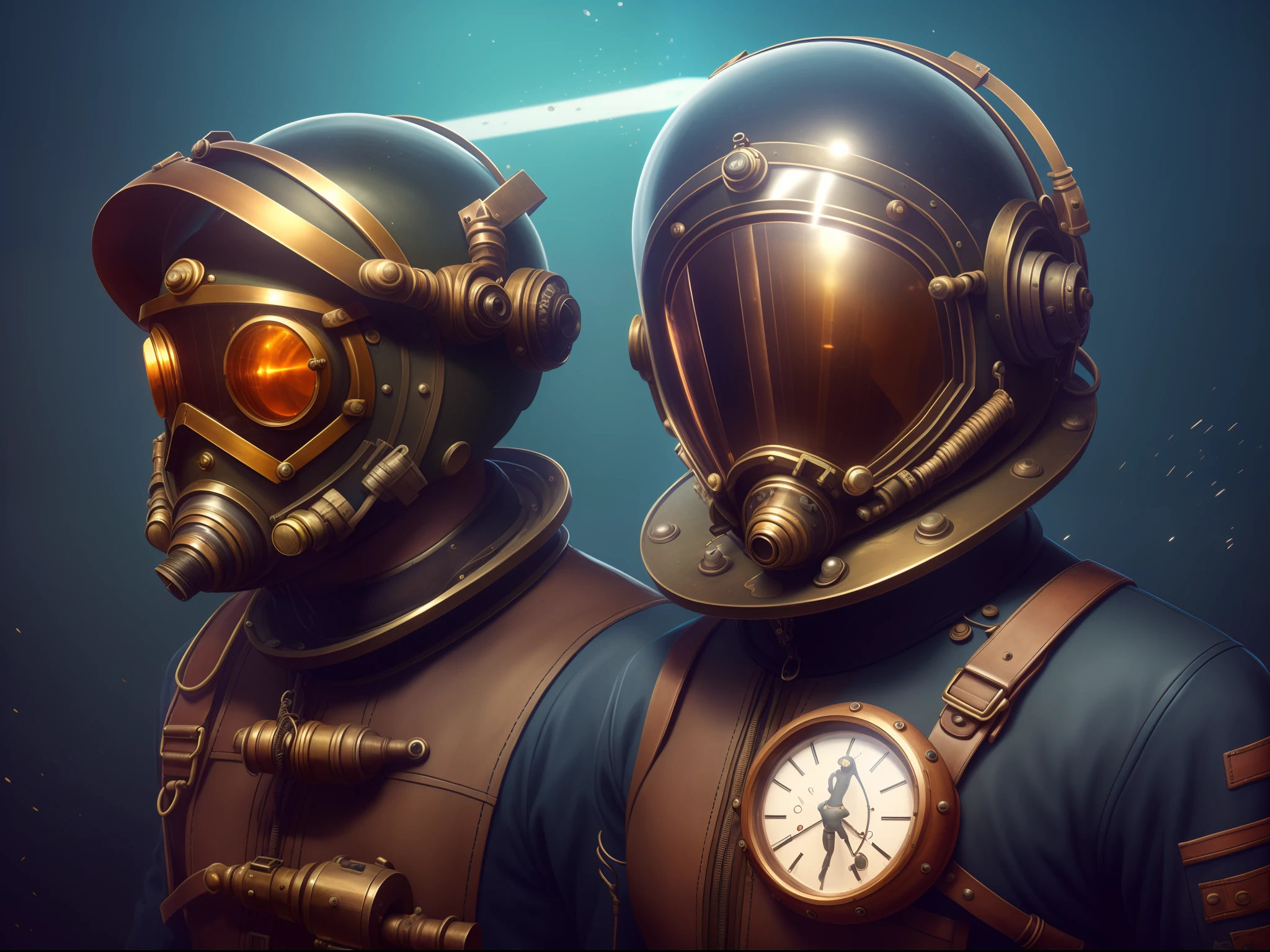 There is a man in a spacesuit with a helmet, Deep-sea diver, diving suit, old scuba, inspired by Brian Despain, Brian Despain, Steampunk diving helmet, alexey egorov, Sergey Kolesov, lofi steampunk bioshock portrait, lofi bioshock steampunk portrait, wojtek fus