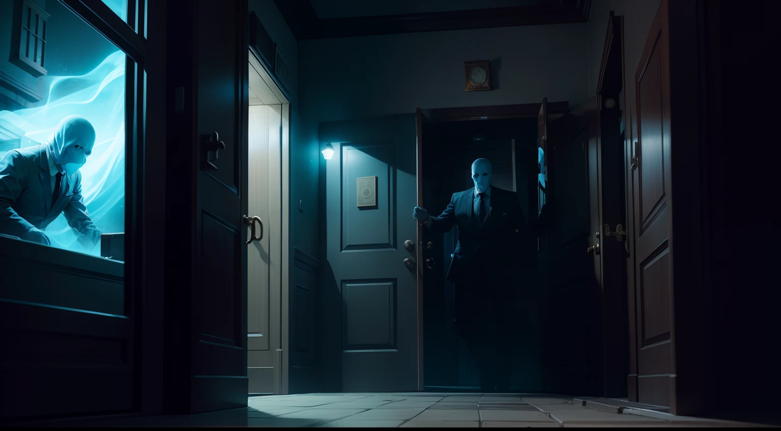 Image of a bank during the blue night and a creepy-looking ghost at the door