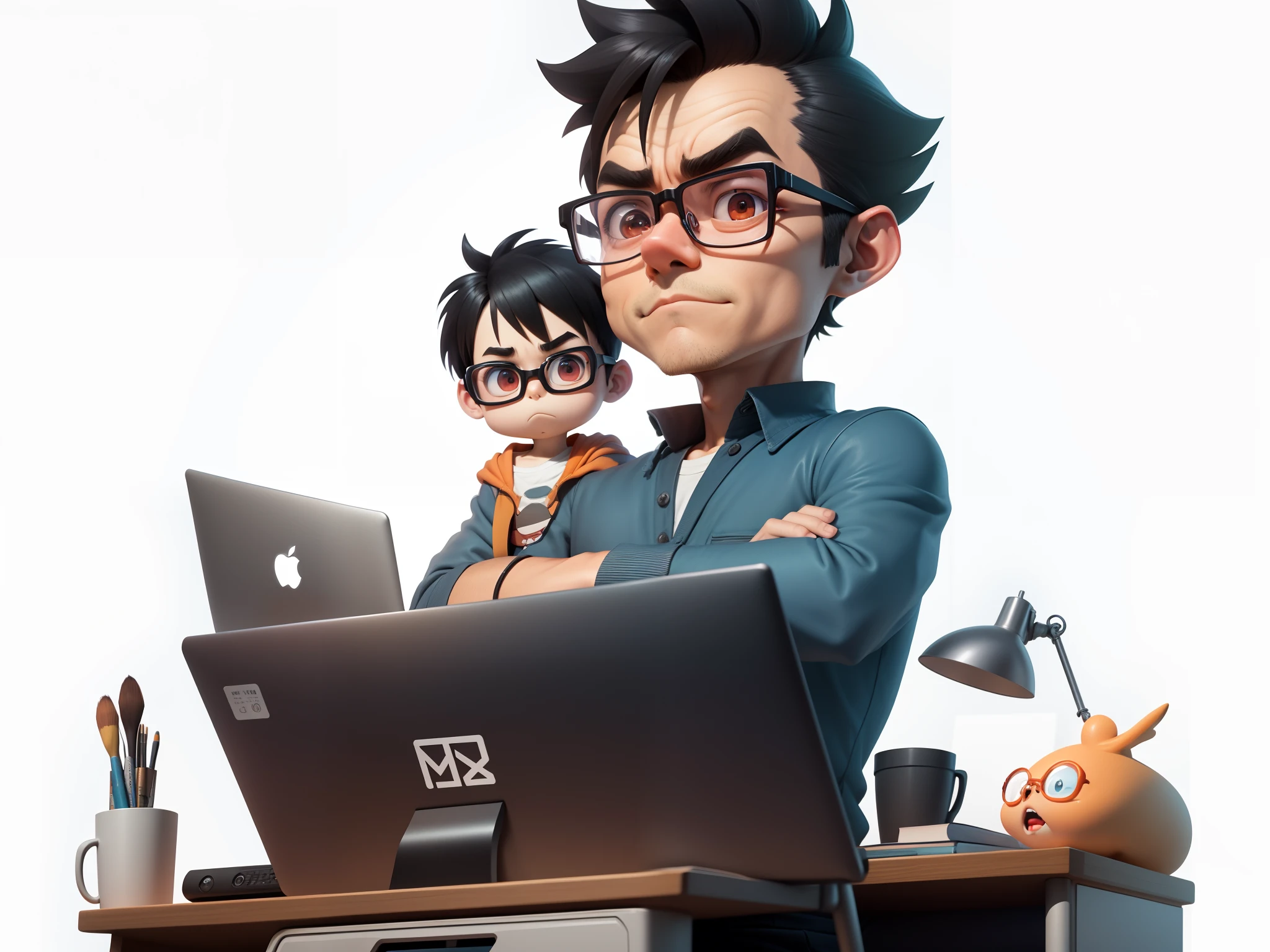 A young man with glasses sits at his desk,holding laptop,digitial painting,3D character design by Mark Clairen and Pixar and Hayao Miyazaki and Akira Toriyama,4K HD illustration,Very detailed facial features and cartoon-style visuals。