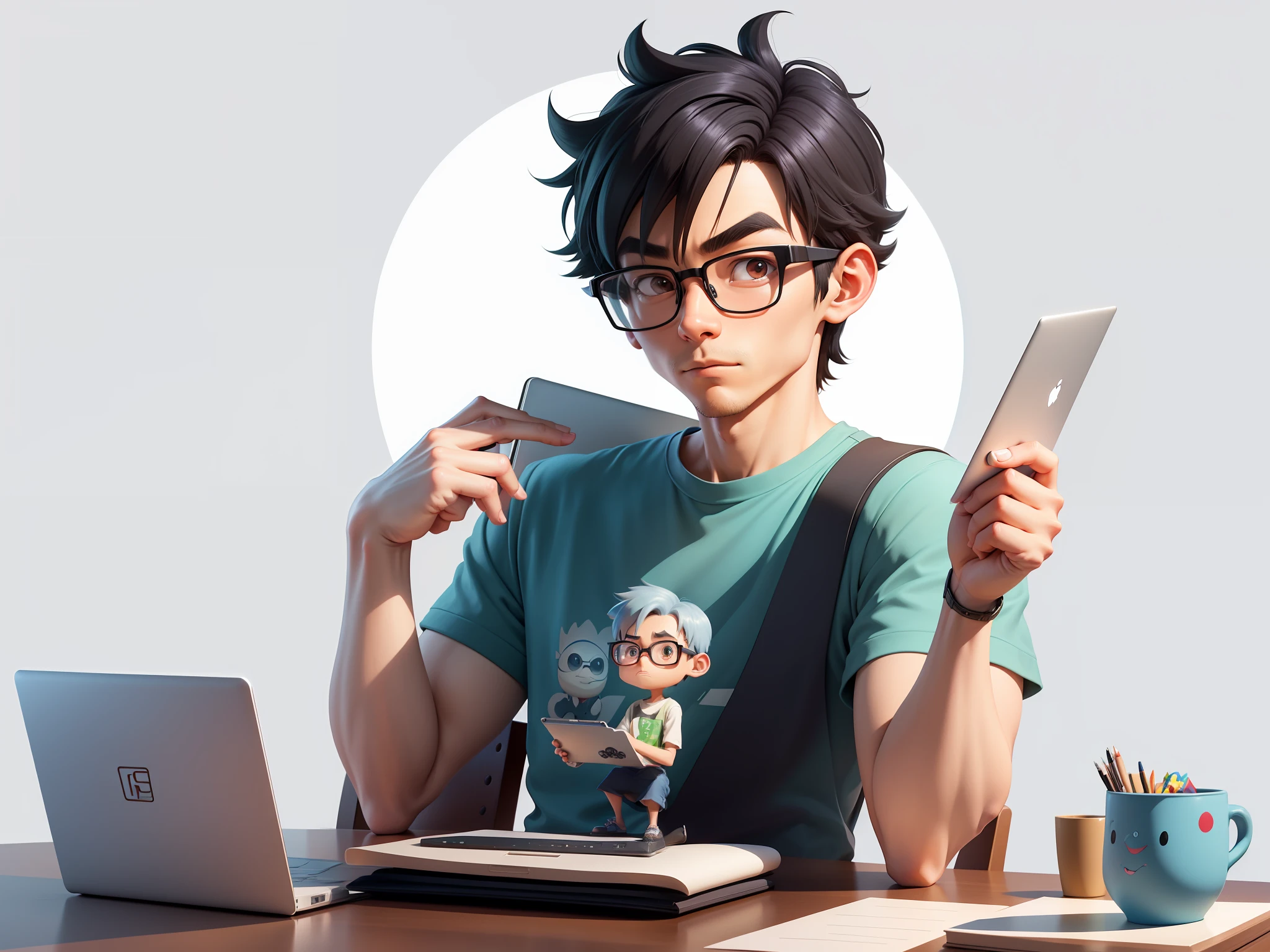A young man with glasses sits at his desk,holding laptop,digitial painting,3D character design by Mark Clairen and Pixar and Hayao Miyazaki and Akira Toriyama,4K HD illustration,Very detailed facial features and cartoon-style visuals。
