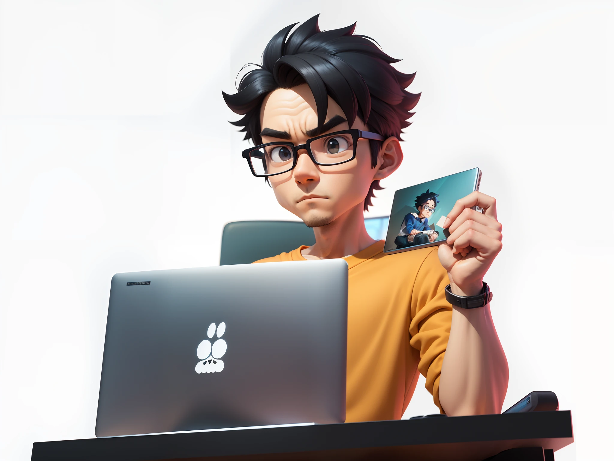 A young man with glasses sits at his desk，holding laptop，digitial painting，3D character design by Mark Clairen and Pixar and Hayao Miyazaki and Akira Toriyama，4K HD illustration，Very detailed facial features and cartoon-style visuals。