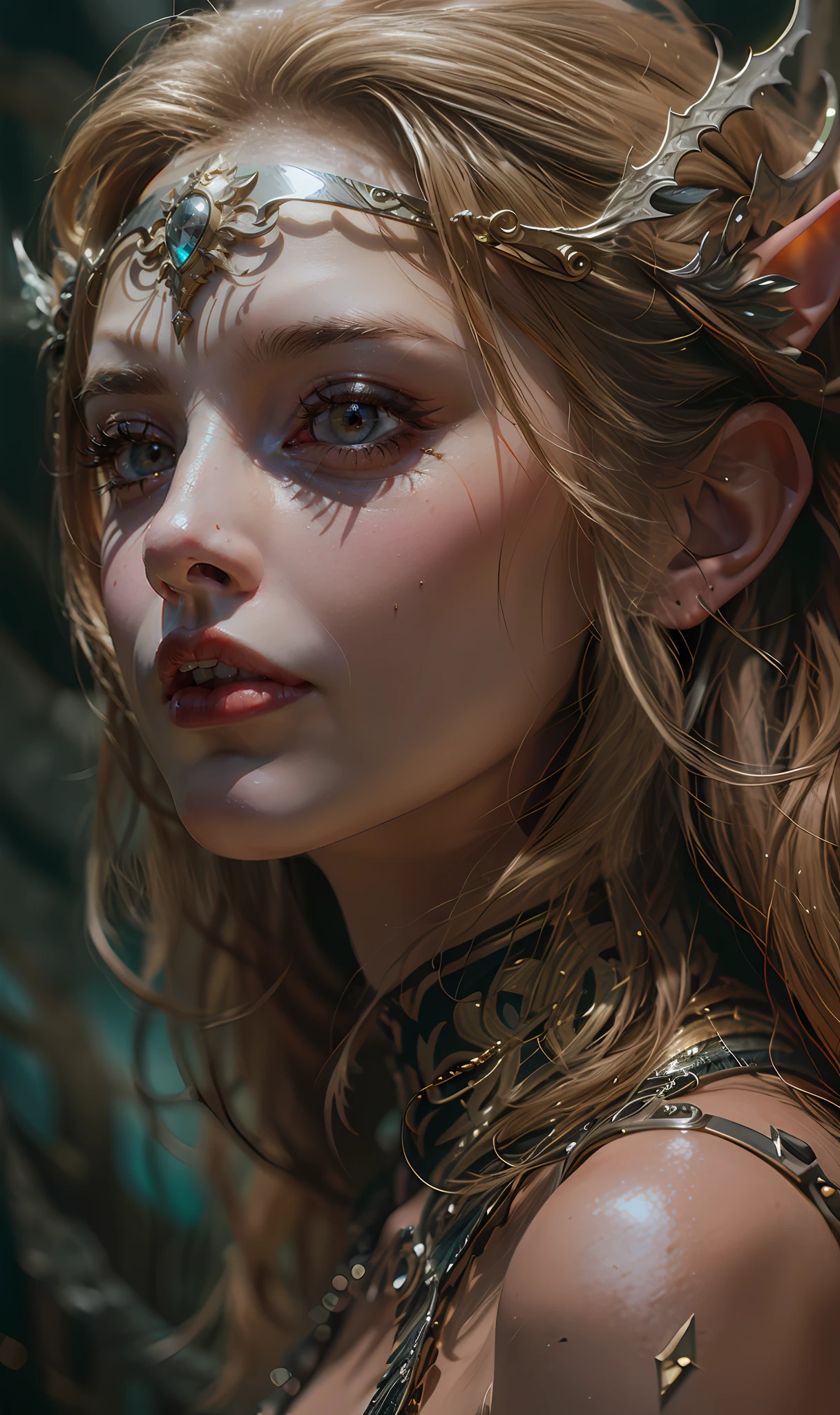 Beautiful painting of Michelle Pfeiffer as perfect female elf warrior, shapeless long hair, perfect features, (wearing extremely baroque elven armor), abstract beauty, near perfection, pure form, dynamic pose, ethereal background, (deep dark shadows), (strong cinematic lighting), (back lighting), concept art by Greg Rutkowski and John William Waterhouse and Alphonse Mucha, stunning details, intricate details, 8k post-production, High resolution, super details, trending on ArtStation, sharp focus, depth of field f/1.8, studio photos, (((looking at camera))).
