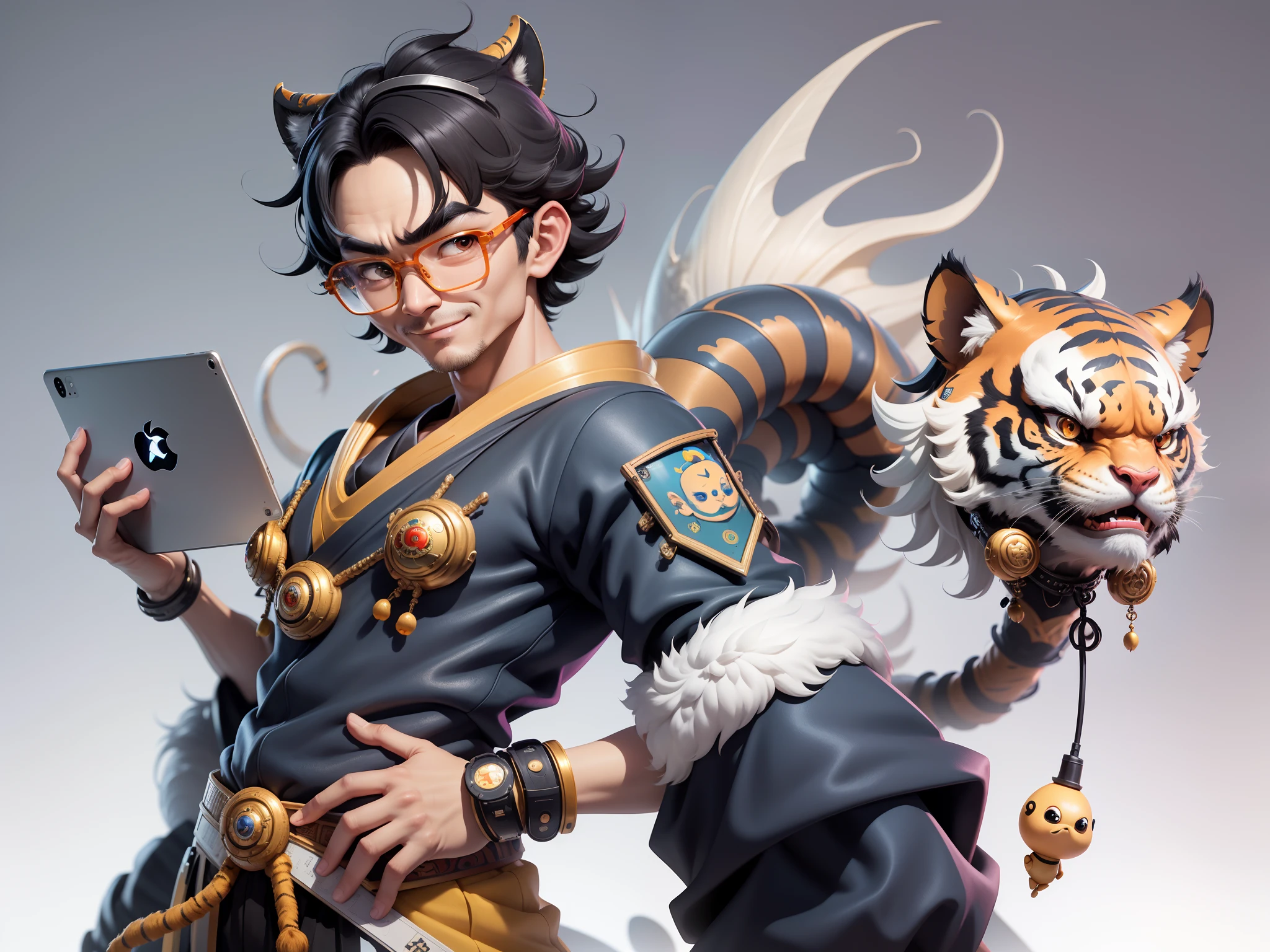 (Masterpiece), (Excellent), (Super Meticulous), (Full Body: 1.2), Super Young Man with Japanese Female Geisha, Pretty, Beautiful, Chinese Dragon, Tiger, Wind God Thor, Sexy, Bursting, Oriental Face, TV Anchor, Bust Portrait Illustration, Black Suit, Blue Tie, Slightly Chubby Face, Silver Glasses, Very Clean Face, No Beard on Chin, Black Super Short Hair, Black Eyes, Confident Smile, 3c Computer Sub-Products, iPad, iPhone, Digital Painting, 3D character design by Mark Clairedon and Pixar and Hayao Miyazaki and Akira Toriyama, the illustrations are HD illustrations in 4K resolution with highly detailed facial features and cartoon-style visuals.