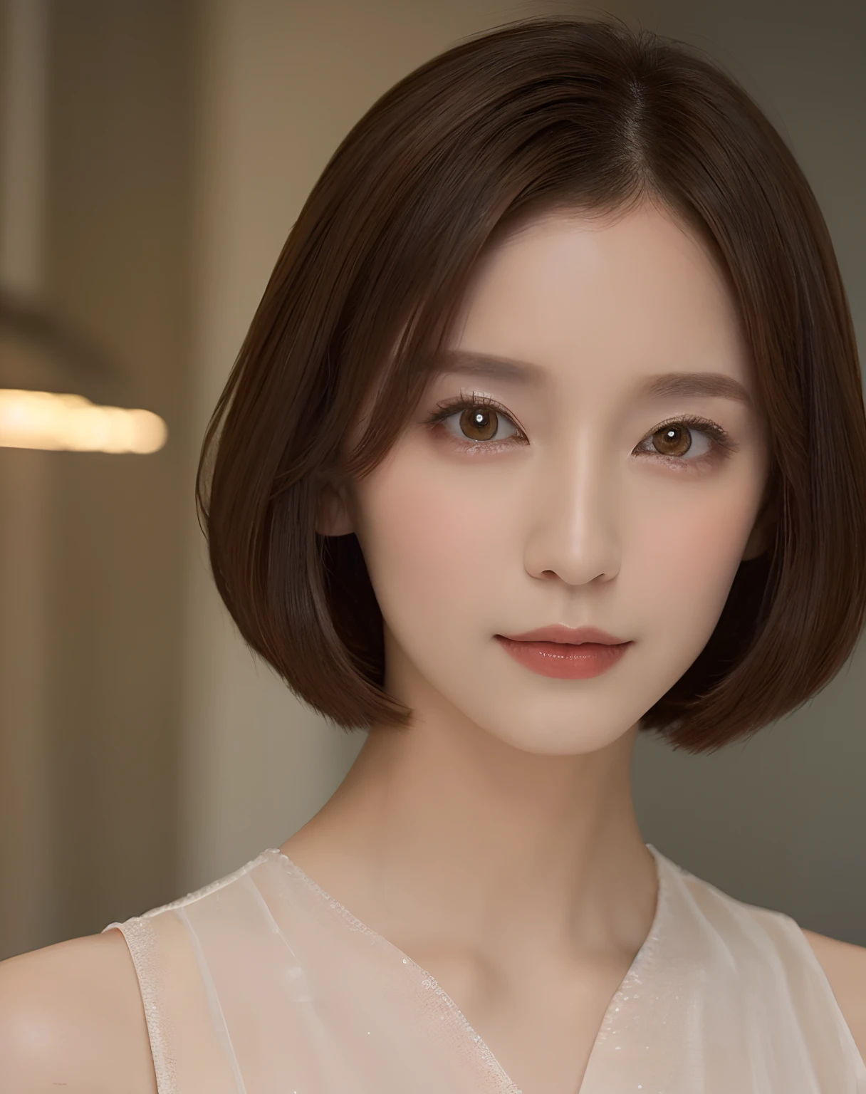 Elegant makeup, (Elegant shorthair,Light brown hair color: 1.4) Elegant dress、Chiffon blouse、full bodyesbian、above waist