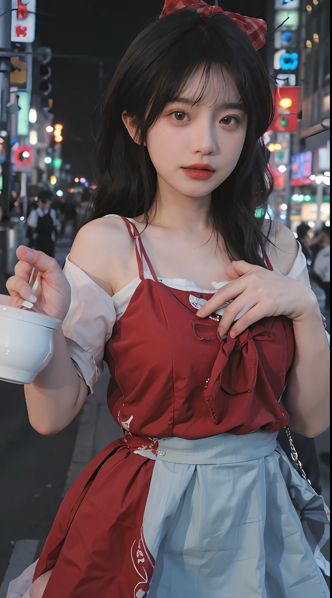 best qualtiy, 超高分辨率, (realisticlying:1.4),2 girls,(natta),(looking at viewert:1.331),(whaite hair),posing on a,Tokyo Street,nightcityscape,Cyberpunk-city,the soft light,1girll,Extremely beautiful face,chest circumference,putdownhands,random hair style,Random expressions,largeeyes,Alvine,(short- sleeved。JK_shirt), JK_Style, (Red JK erotic dress), (Bow JK binding), blend, best qualtiy